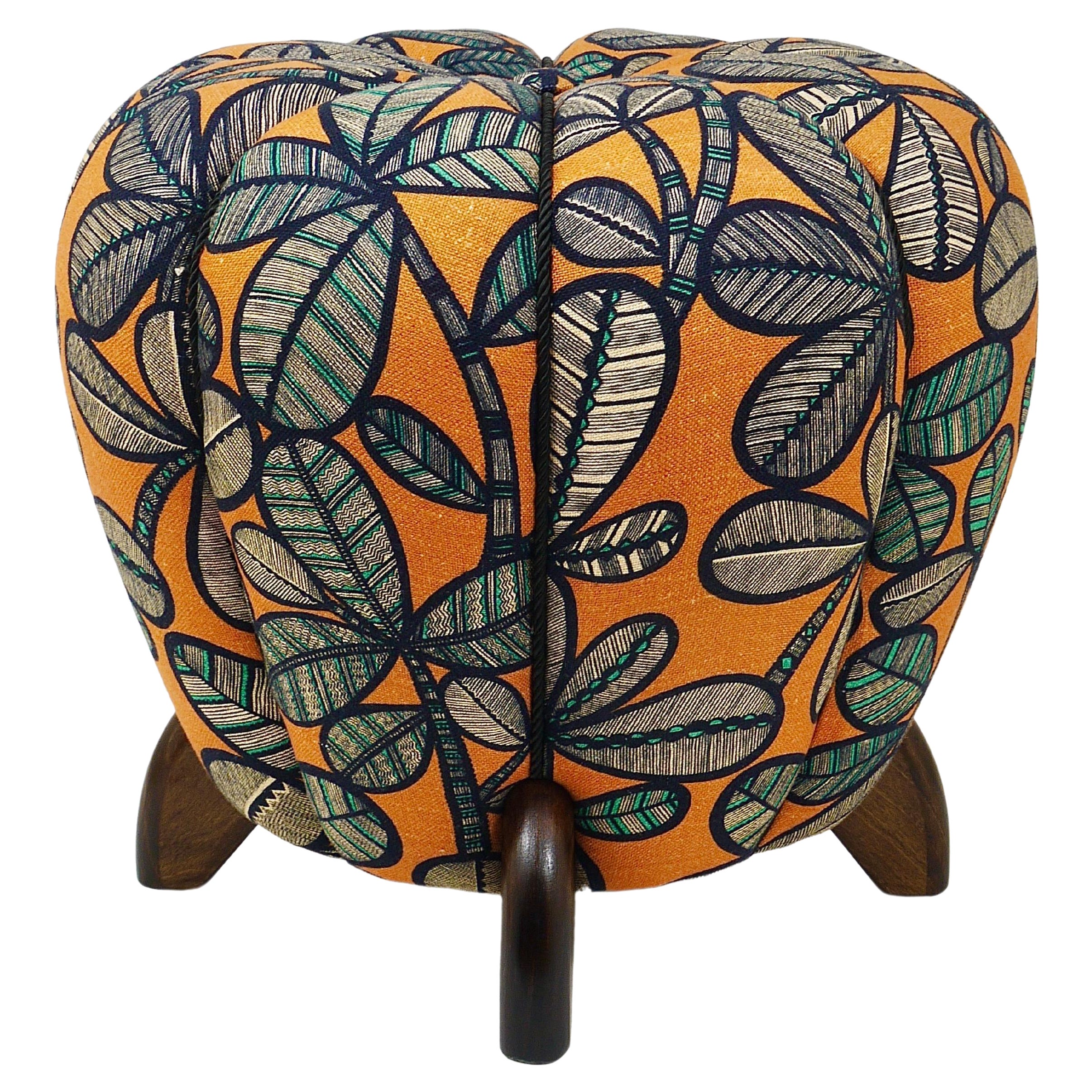 Jindrich Halabala Art Deco Stool, Leaf Pattern, Pouf, Ottoman, Footstool, 1930s