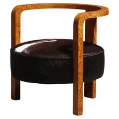 Jindřich Halabala (attr.) Art Deco Stool in Walnut Burl and Cowhide, 1920s