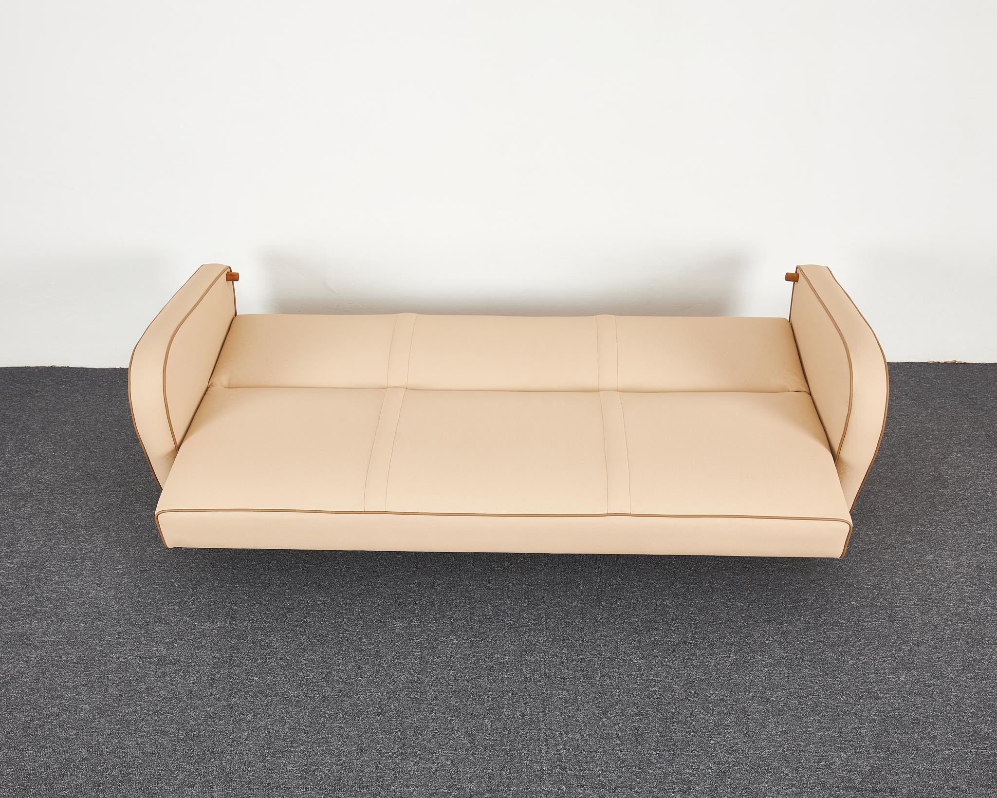 Mid-20th Century Jindrich Halabala Catalogue Piece, Beige Vegan Leather Sofa-Bed H-363 For Sale