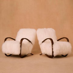 Pair of Jindrich Halabala H-269 Easy Chairs with White Mongolian Sheepskin
