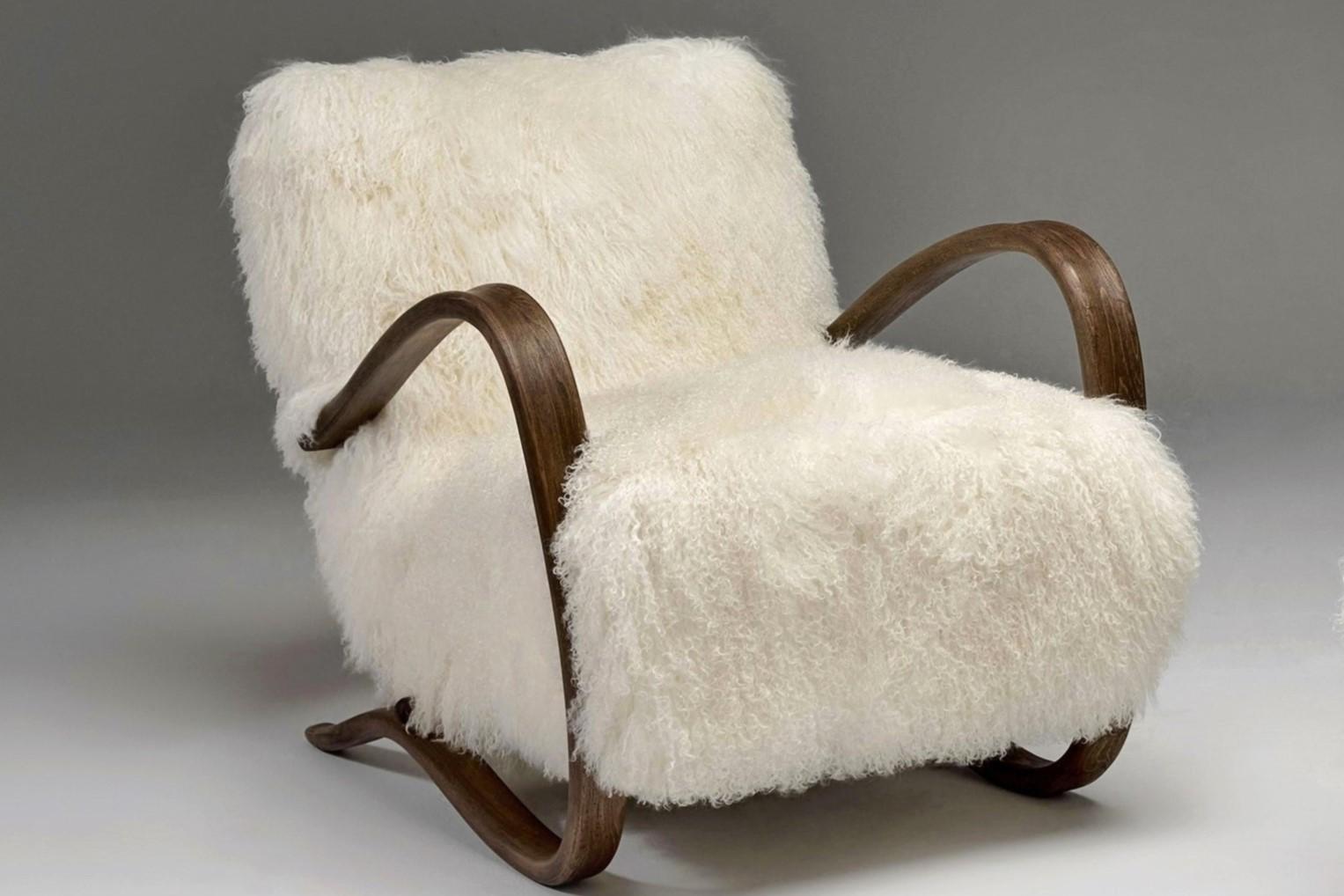 Jindřich Halabala H-269 Lounge Chairs in White Tibetan Lambswool , 1930s In Good Condition In ŁÓDŹ, PL