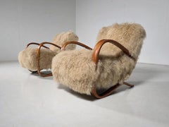 Jindrich Halabala "H269" Lounge Chairs in Beige Iceland curly Sheepskin, 1930s