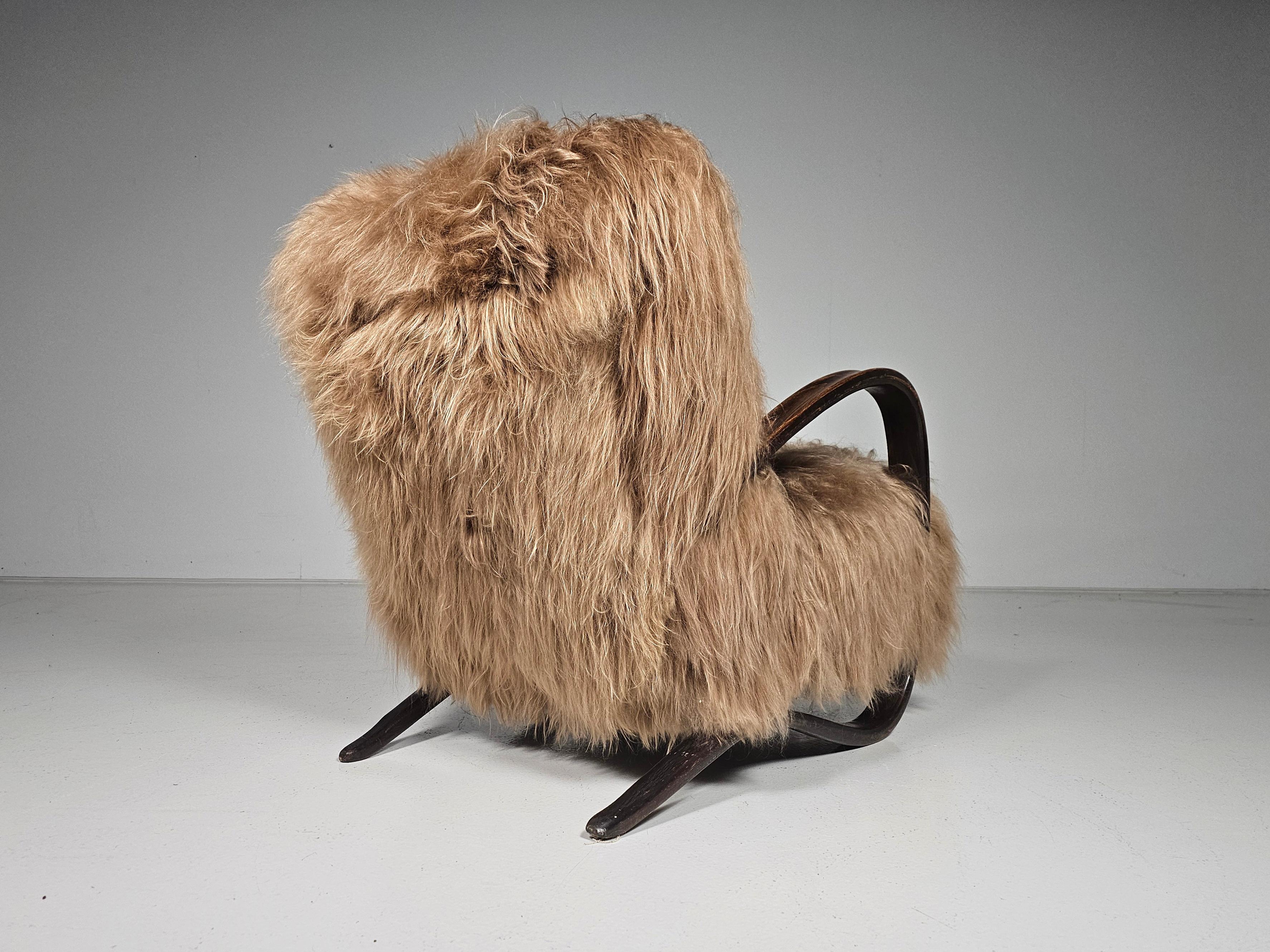 Art Deco Jindrich Halabala Lounge Chair in Beige Mongolian Sheepskin, 1930s