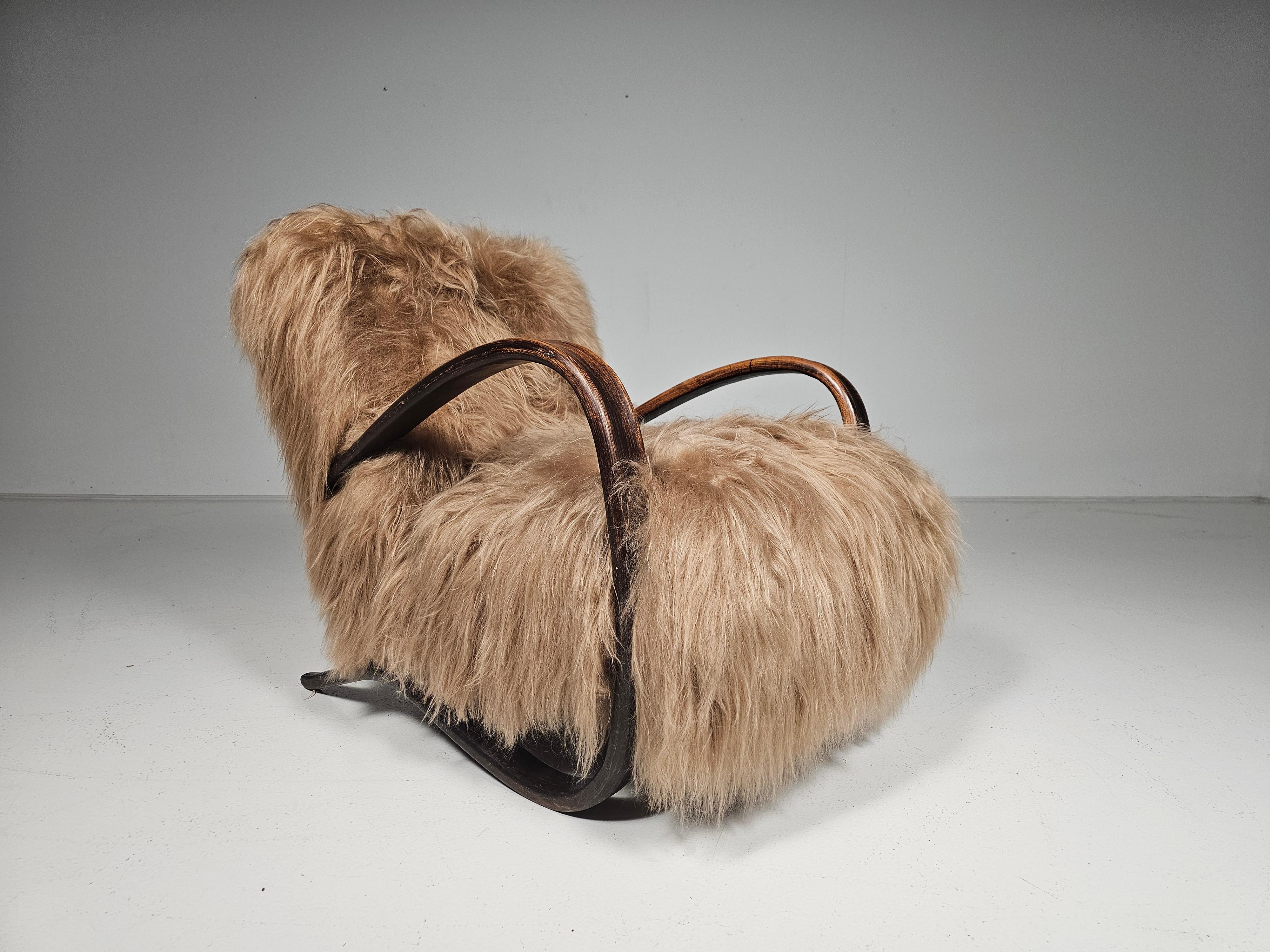 Art Deco Jindrich Halabala Lounge Chair in Beige Mongolian Sheepskin, 1930s