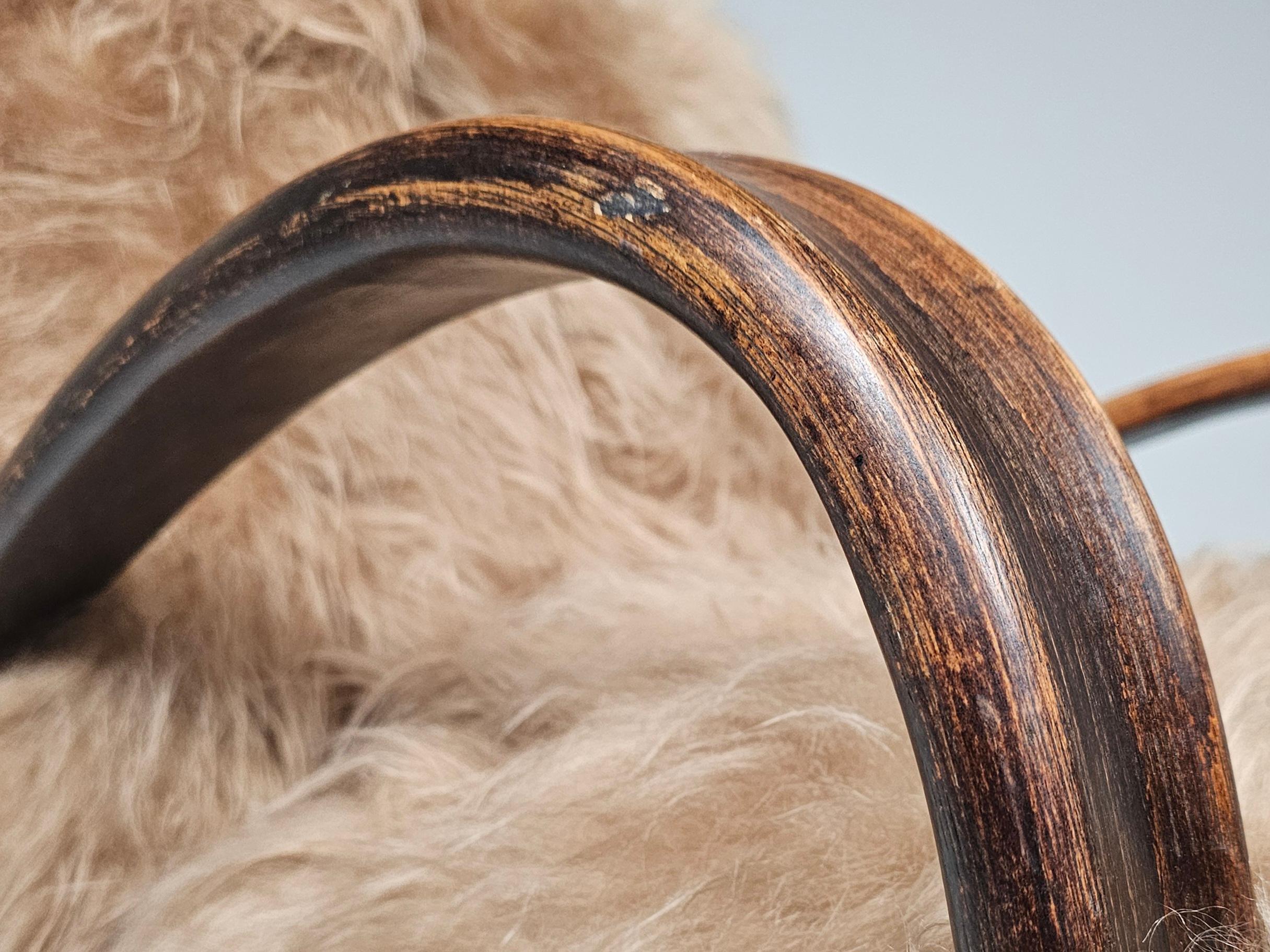 20th Century Jindrich Halabala Lounge Chair in Beige Mongolian Sheepskin, 1930s