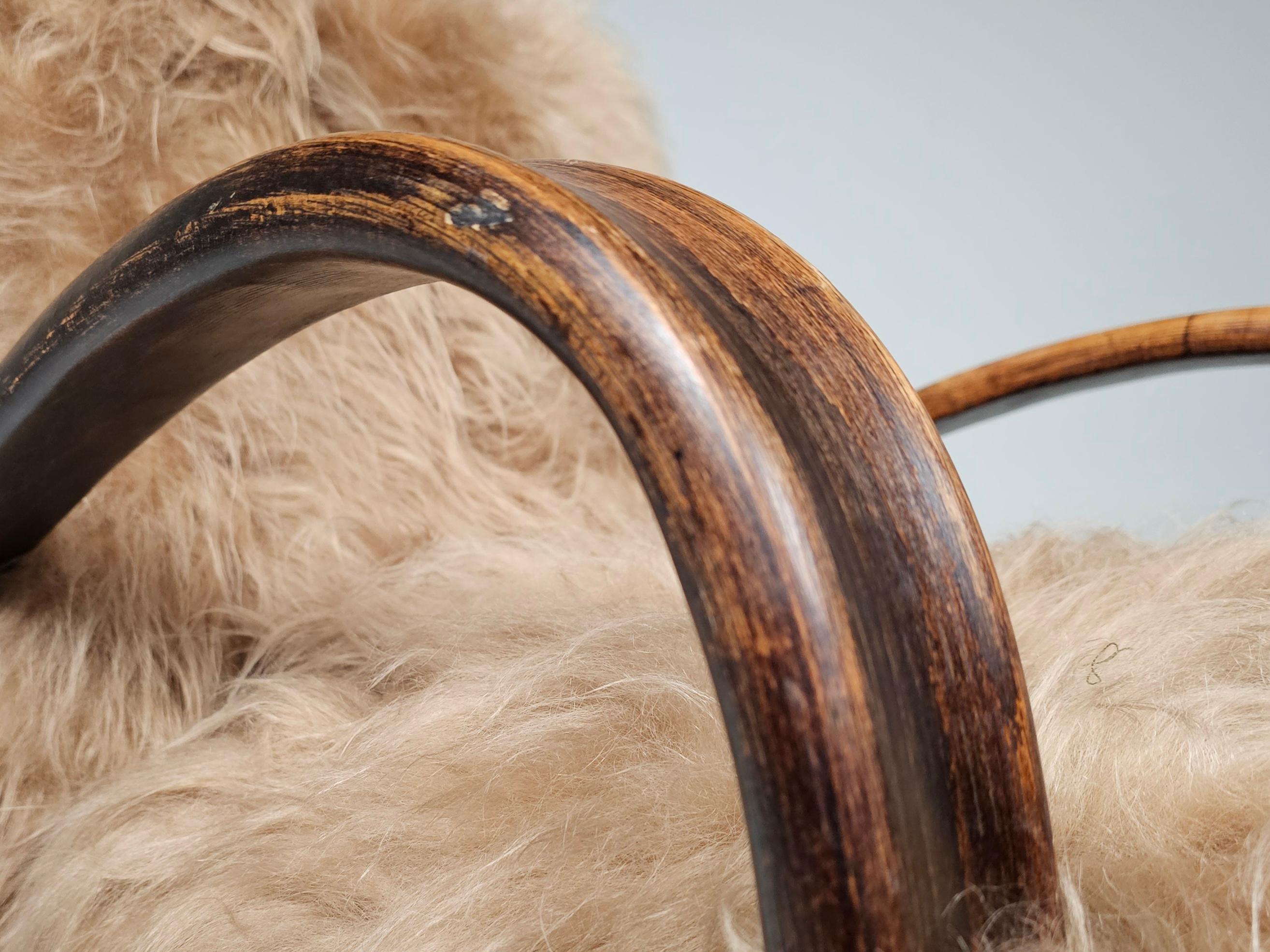 20th Century Jindrich Halabala Lounge Chair in Beige Mongolian Sheepskin, 1930s