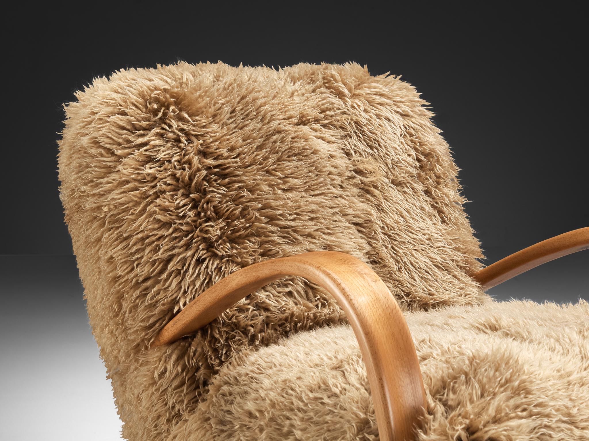 Art Deco Jindrich Halabala Lounge Chair in Beige Sheepskin For Sale