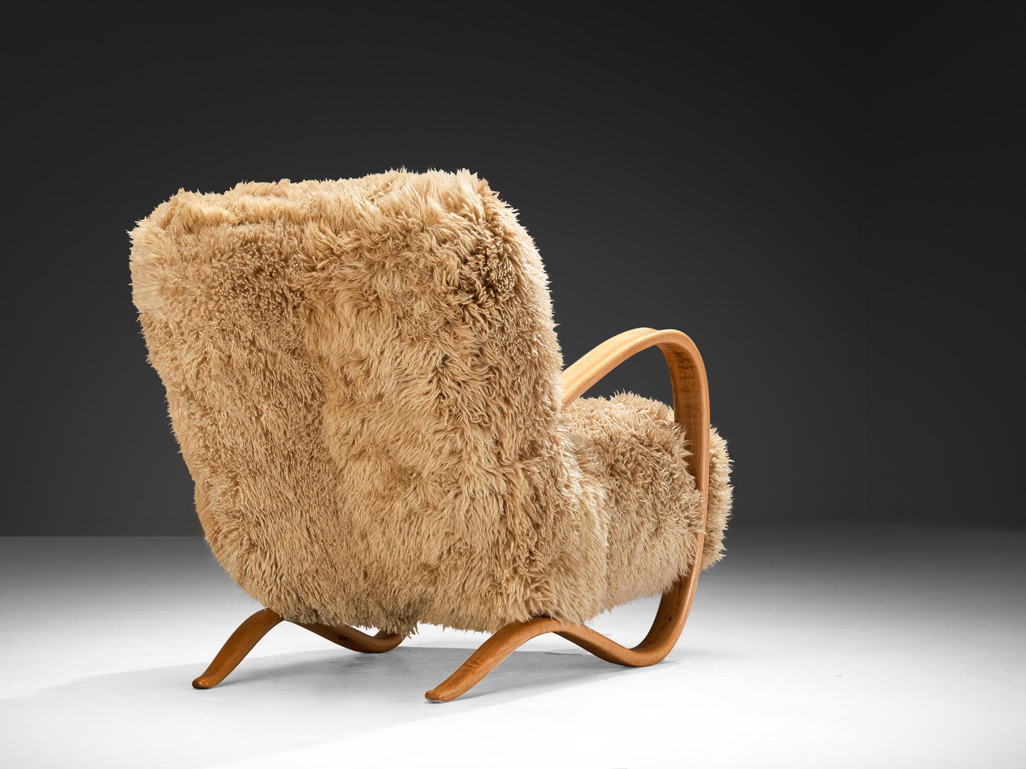 Czech Jindrich Halabala Lounge Chair in Beige Sheepskin For Sale