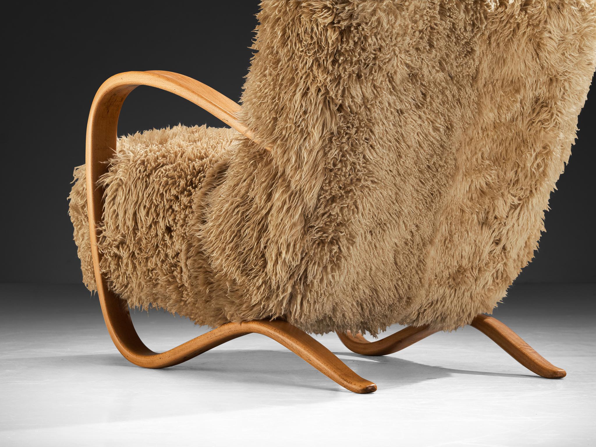 Jindrich Halabala Lounge Chair in Beige Sheepskin For Sale 1