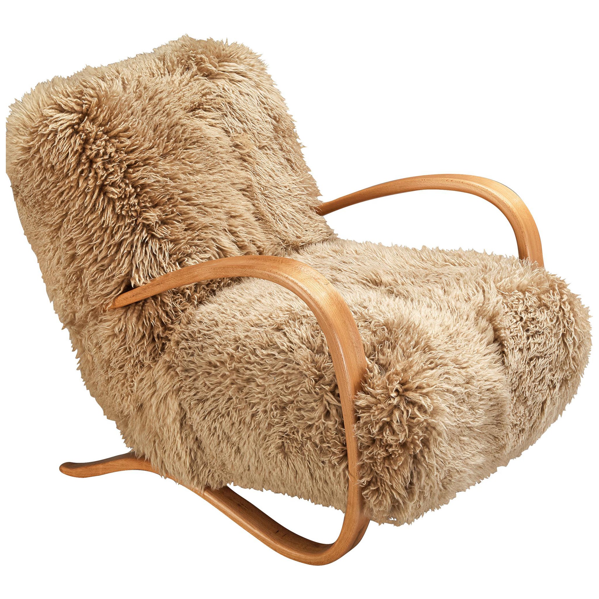 Jindrich Halabala Lounge Chair in Beige Sheepskin