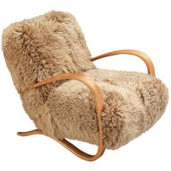 Jindrich Halabala Lounge Chair in Beige Sheepskin