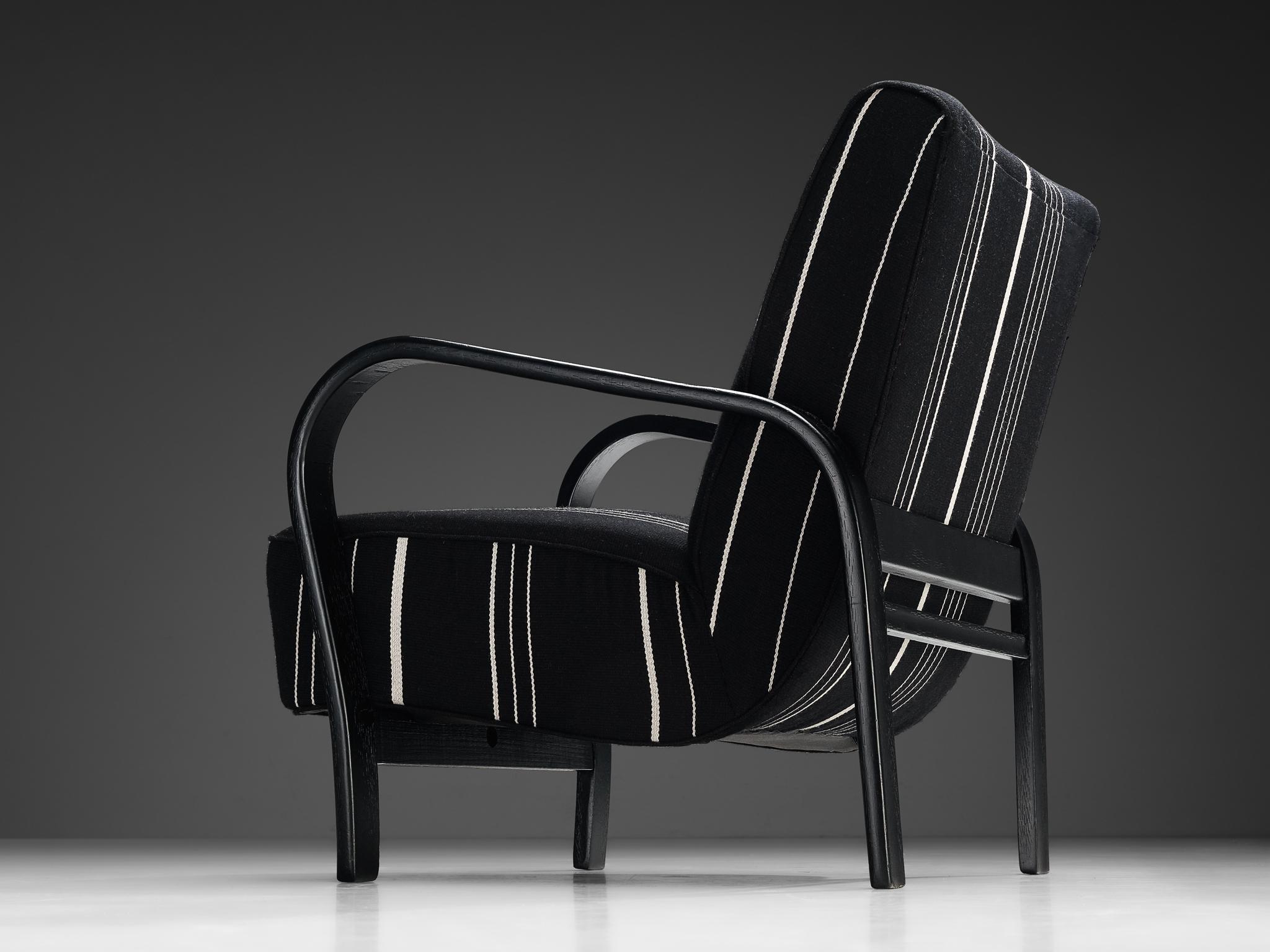 Czech Jindrich Halabala Lounge Chair in Black and White Striped Upholstery For Sale