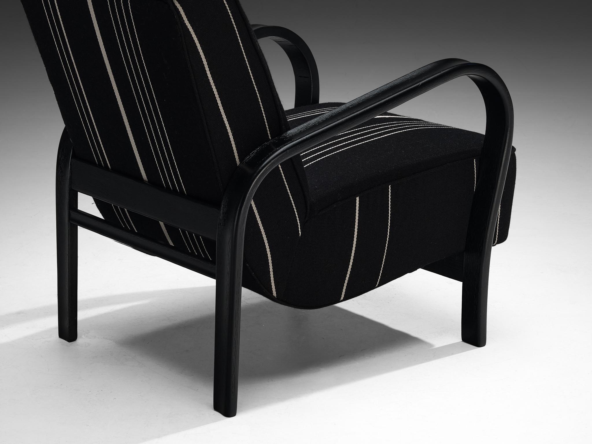 Jindrich Halabala Lounge Chair in Black and White Striped Upholstery In Good Condition For Sale In Waalwijk, NL