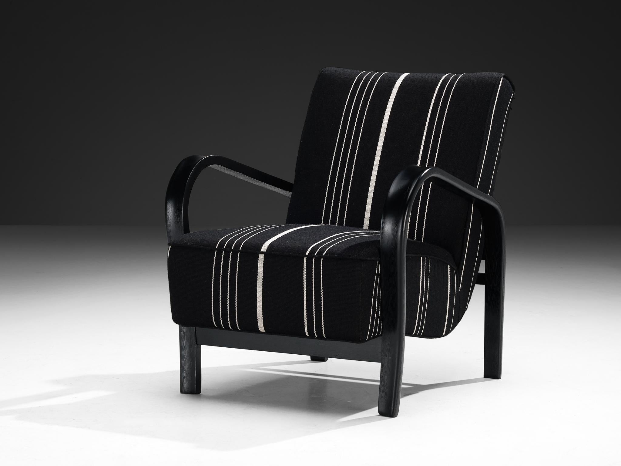 Fabric Jindrich Halabala Lounge Chair in Black and White Striped Upholstery For Sale