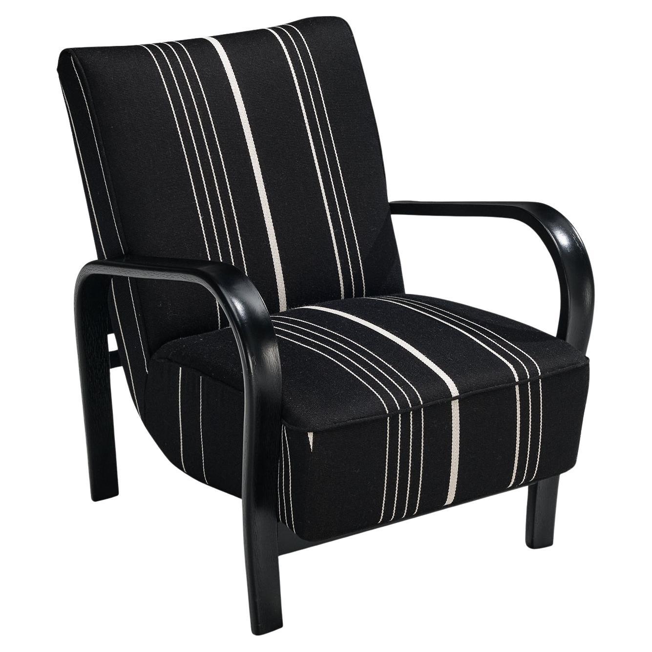 Jindrich Halabala Lounge Chair in Black and White Striped Upholstery For Sale