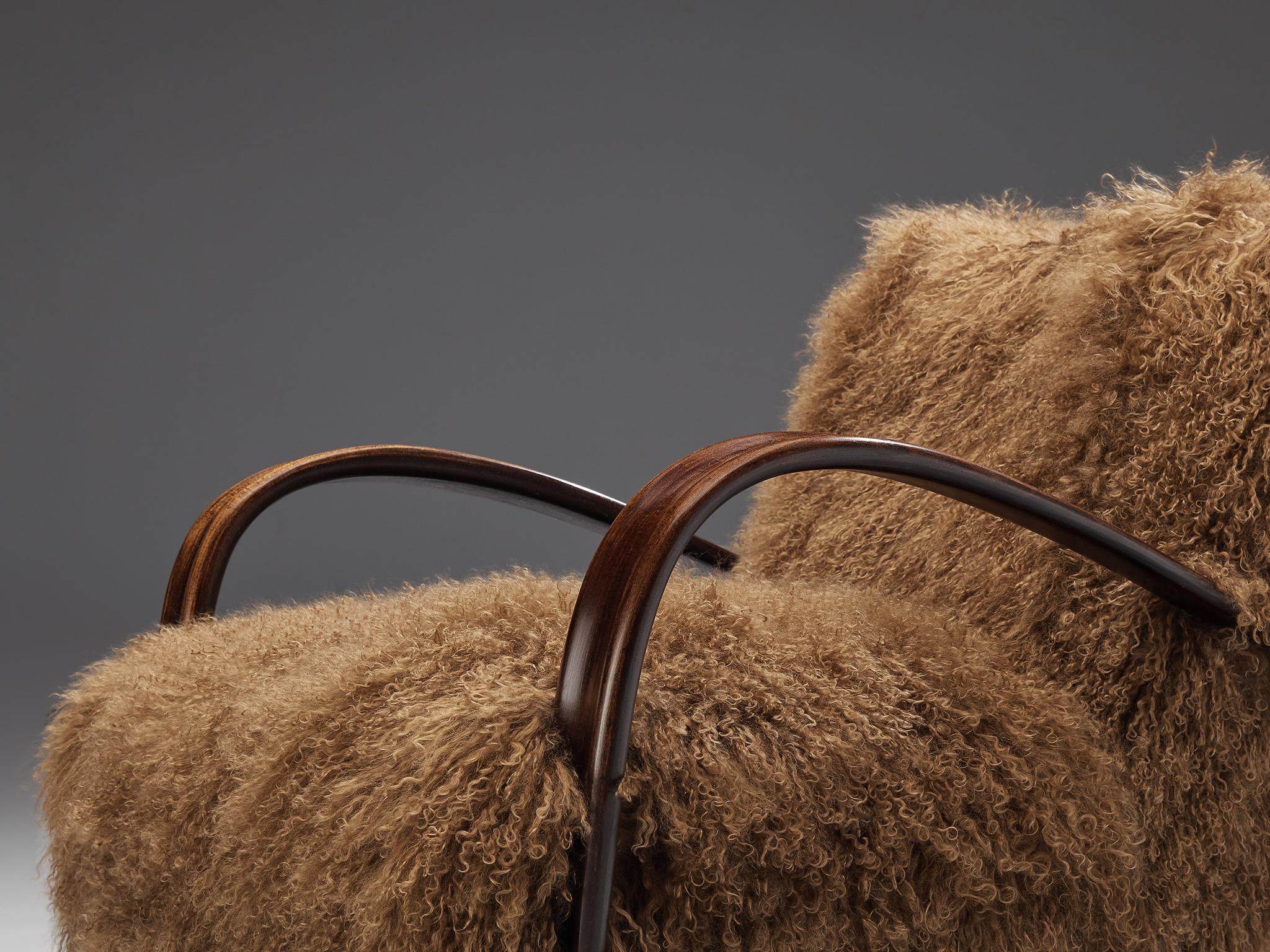 Art Deco Jindrich Halabala Lounge Chair in Brown Tibetan Lambswool