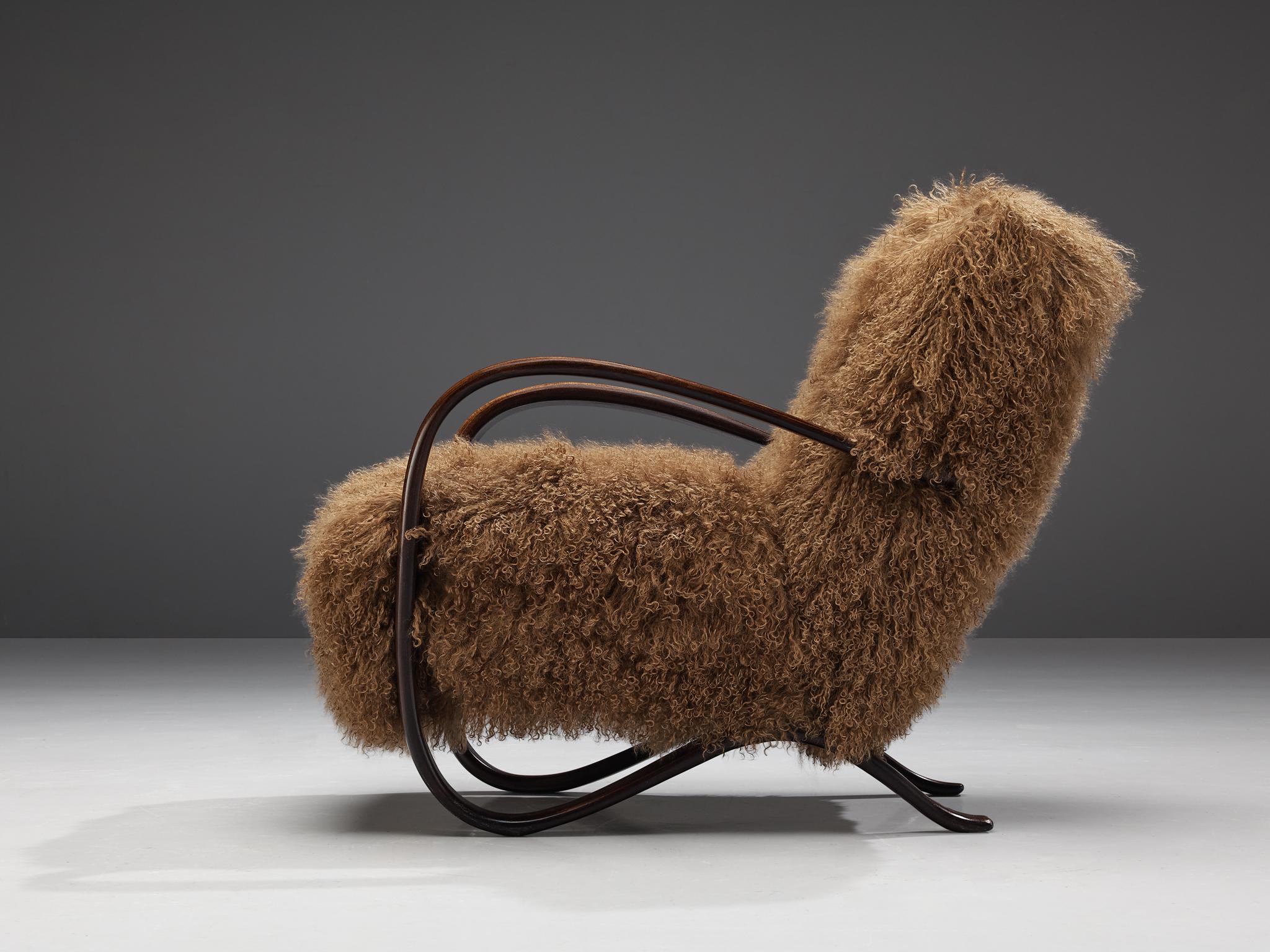 Jindrich Halabala Lounge Chair in Brown Tibetan Lambswool In Good Condition In Waalwijk, NL