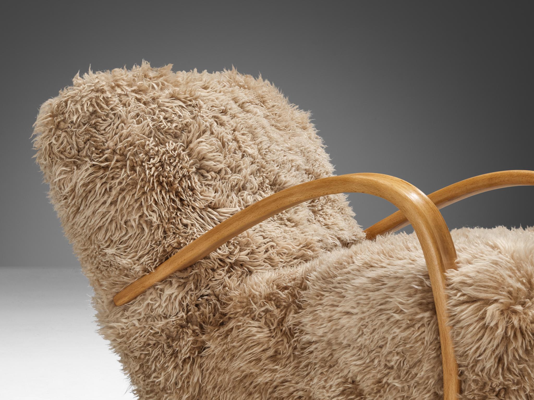 Jindrich Halabala Lounge Chair in Brown Tibetan Lambswool In Good Condition In Waalwijk, NL