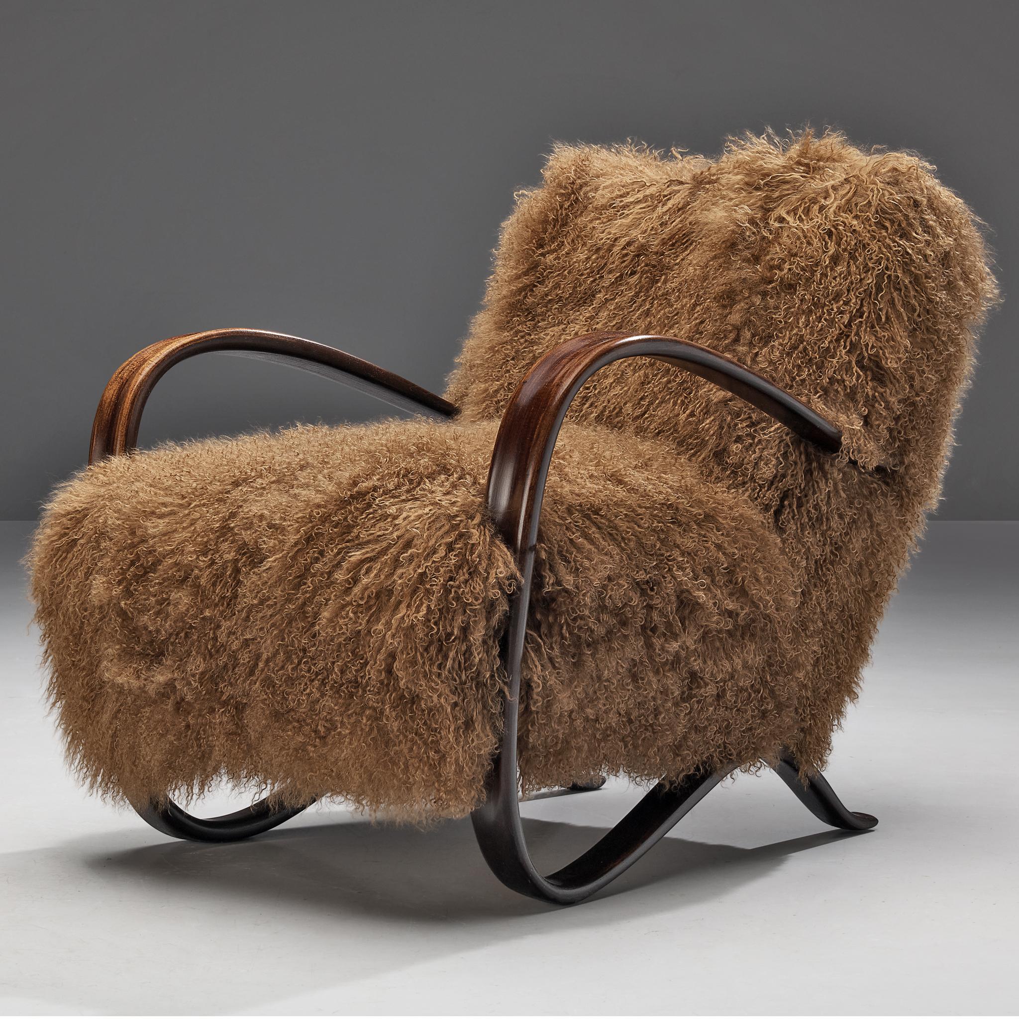 Mid-20th Century Jindrich Halabala Lounge Chair in Brown Tibetan Lambswool