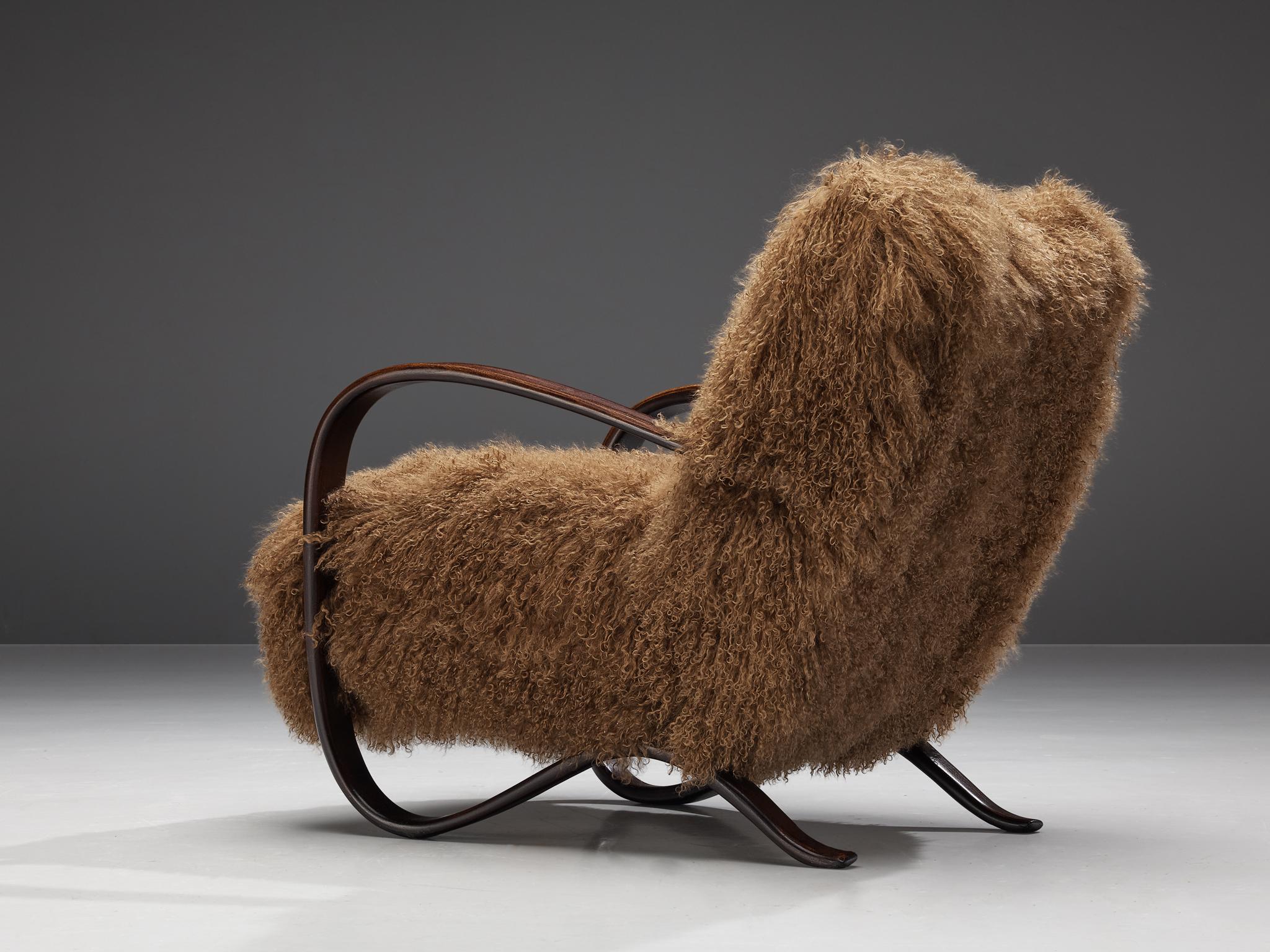 Wool Jindrich Halabala Lounge Chair in Brown Tibetan Lambswool 