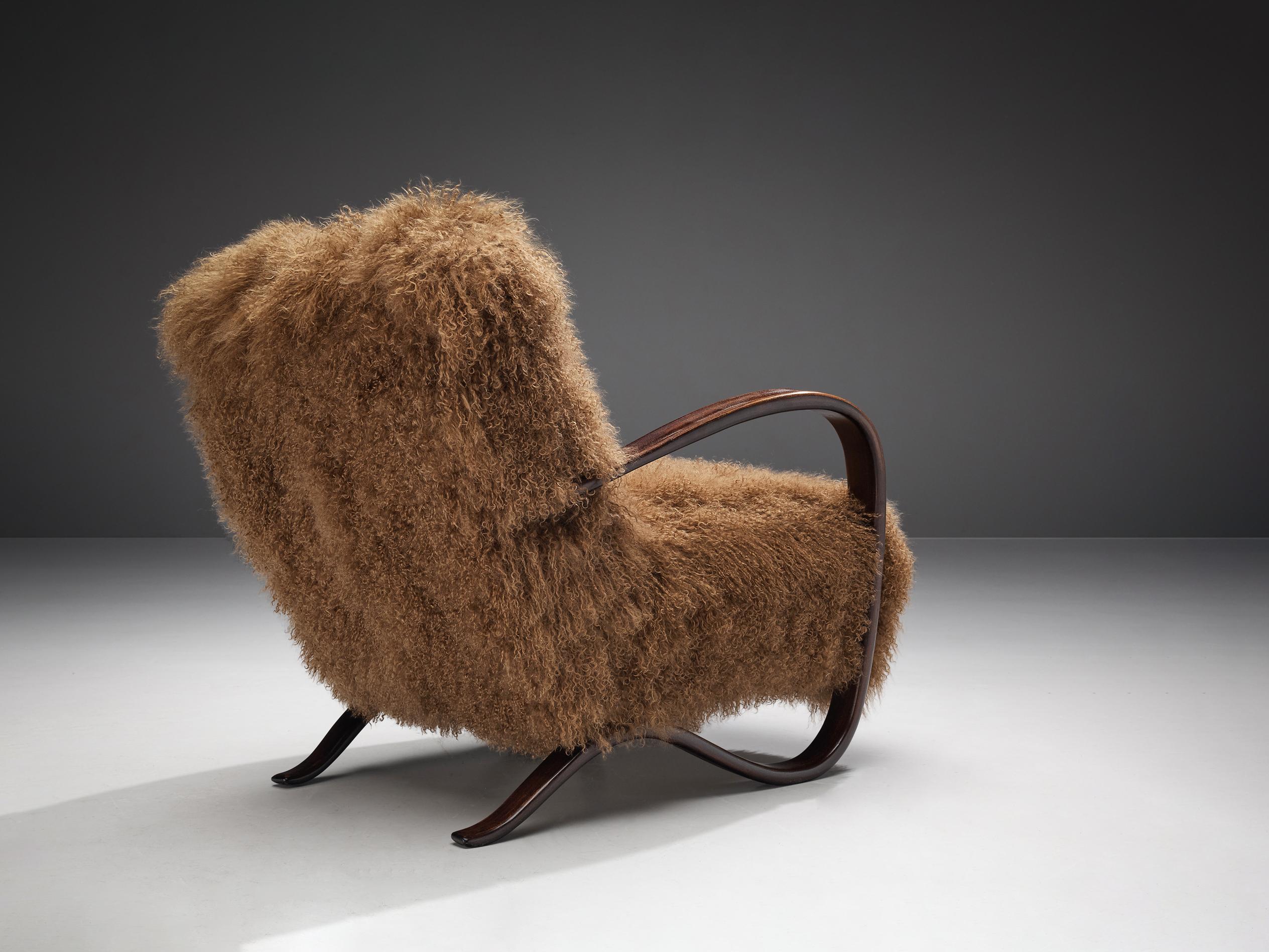 Czech Jindřich Halabala Lounge Chair in Brown Tibetan Wool