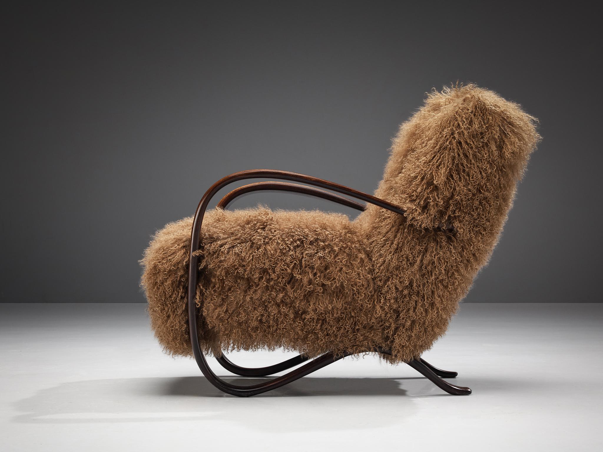 Jindřich Halabala Lounge Chair in Brown Tibetan Wool In Good Condition In Waalwijk, NL