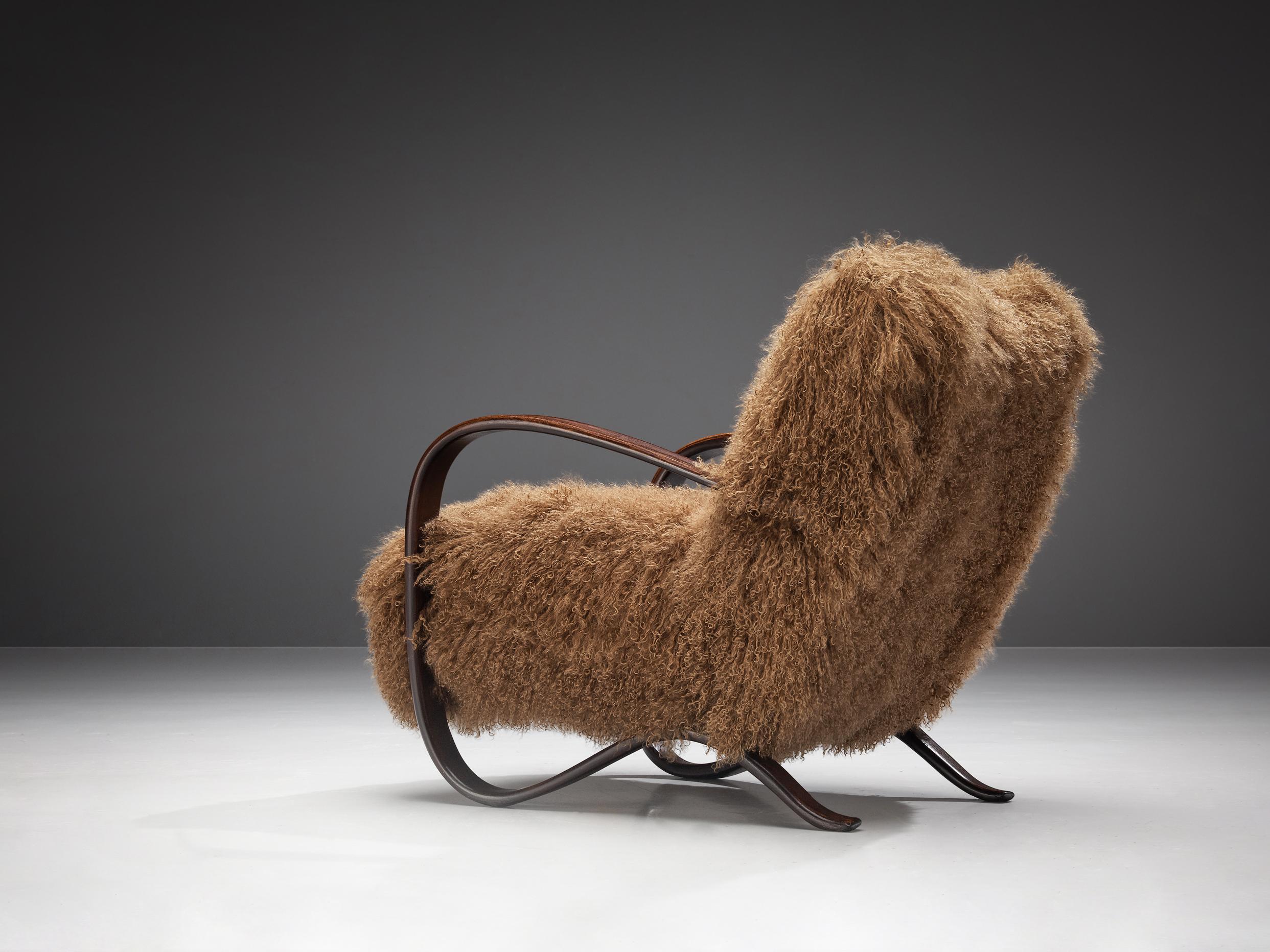 Jindřich Halabala Lounge Chair in Brown Tibetan Wool 1