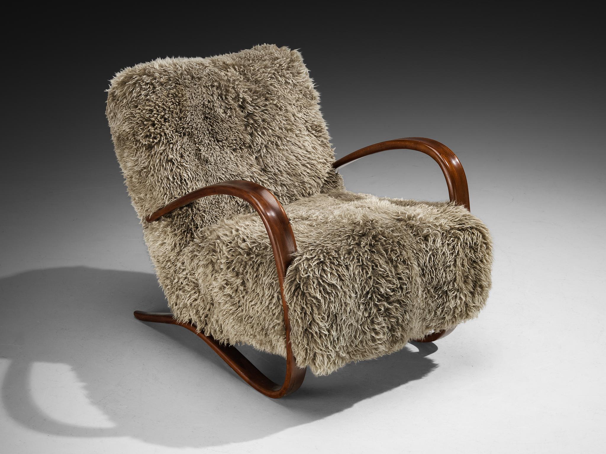 Jindřich Halabala Loungesessel aus grauer Lambswool (Wolle) im Angebot
