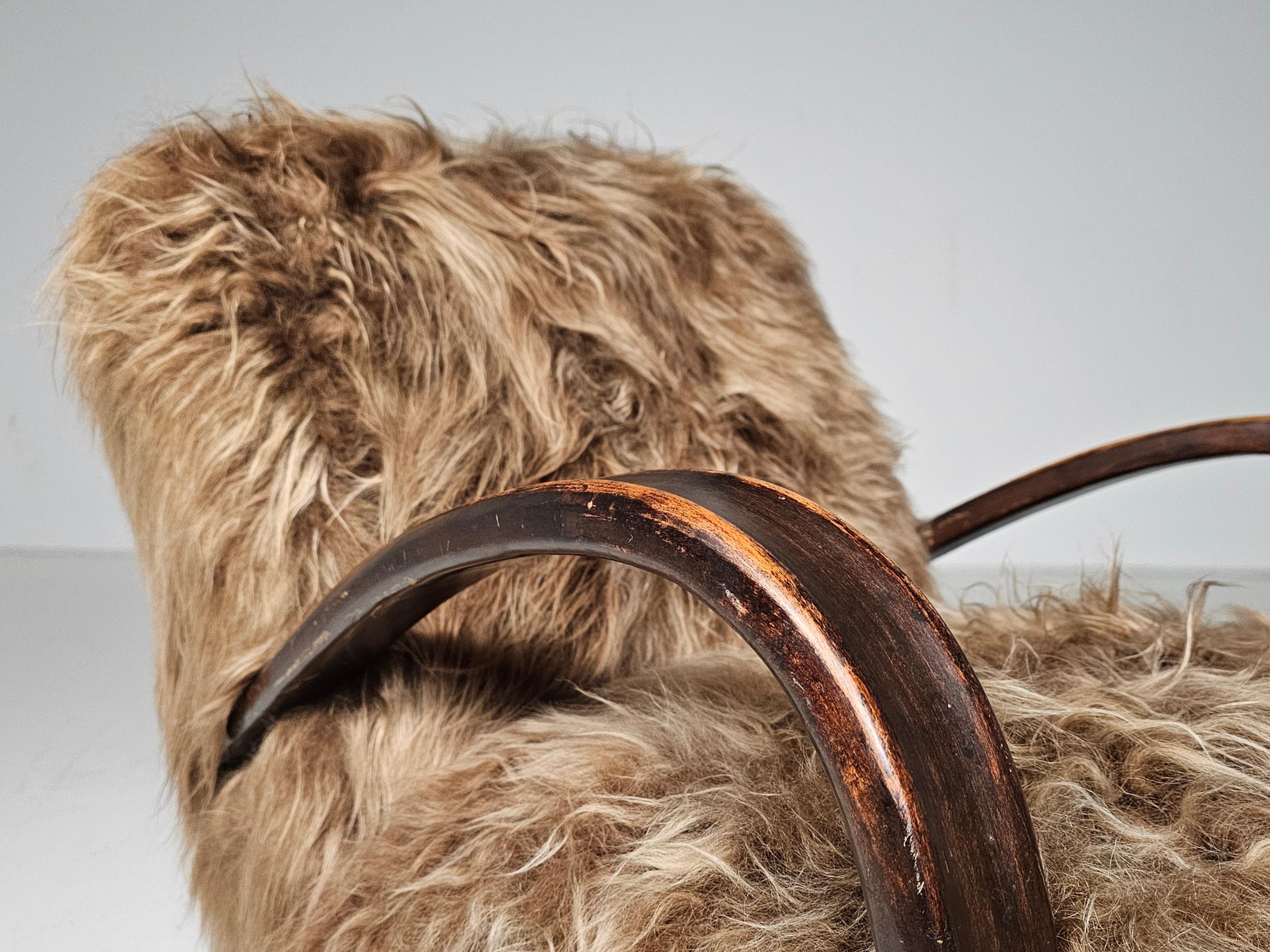 Jindrich Halabala Lounge Chairs in mixed brown Mongolian Sheepskin, 1930s 4