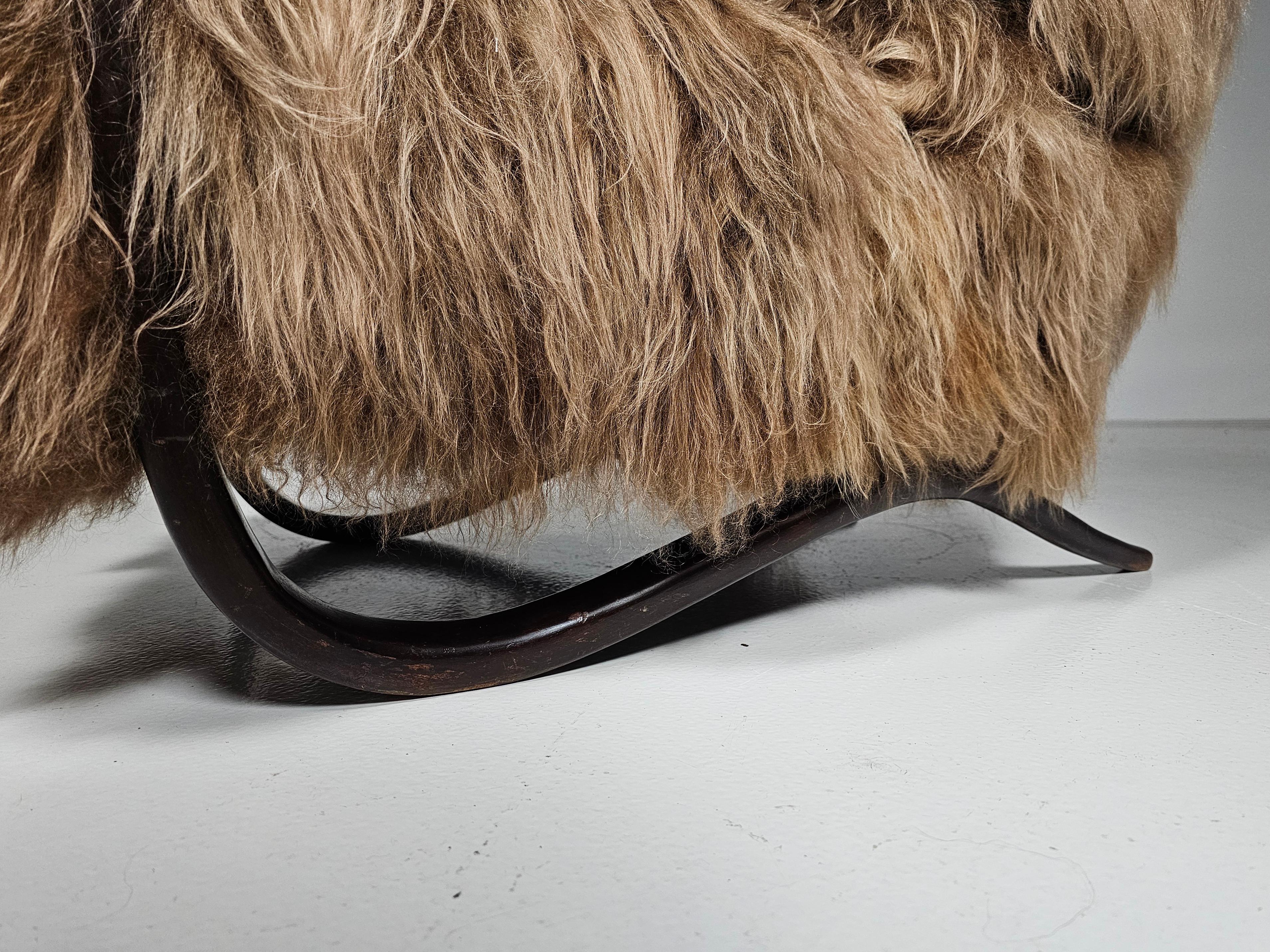 Jindrich Halabala Lounge Chairs in mixed brown Mongolian Sheepskin, 1930s 6