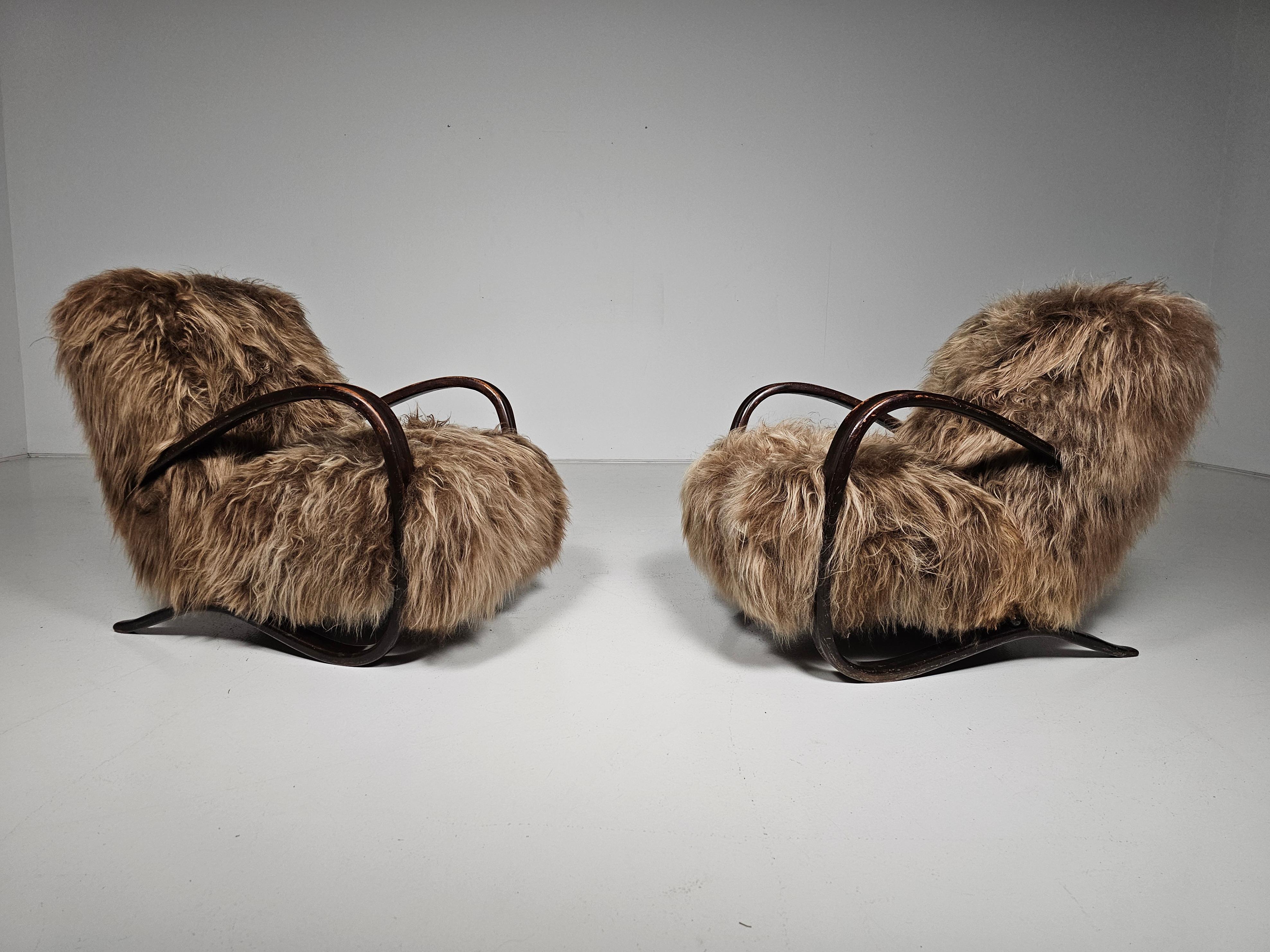 Art Deco Jindrich Halabala Lounge Chairs in mixed brown Mongolian Sheepskin, 1930s