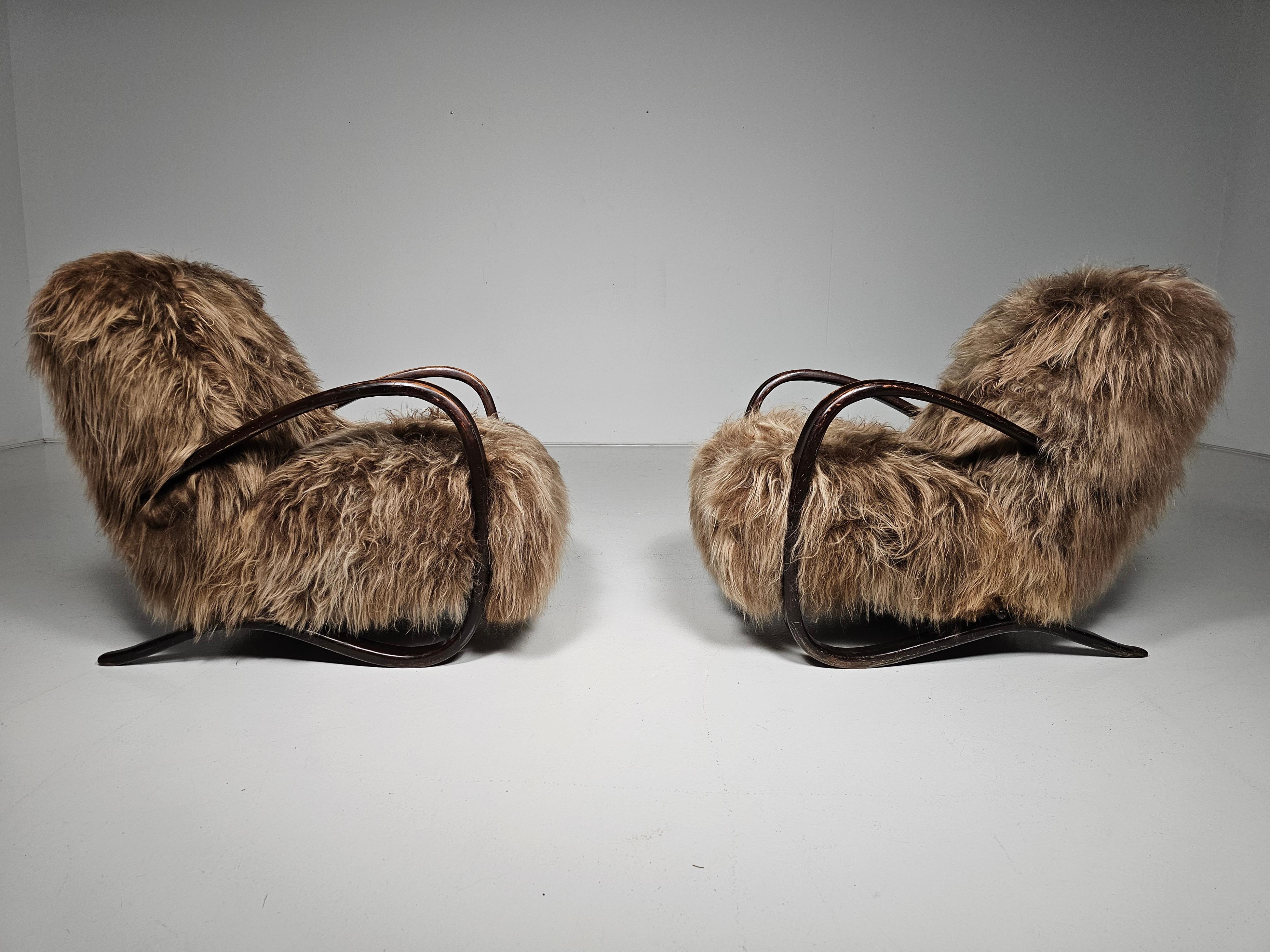 Czech Jindrich Halabala Lounge Chairs in mixed brown Mongolian Sheepskin, 1930s