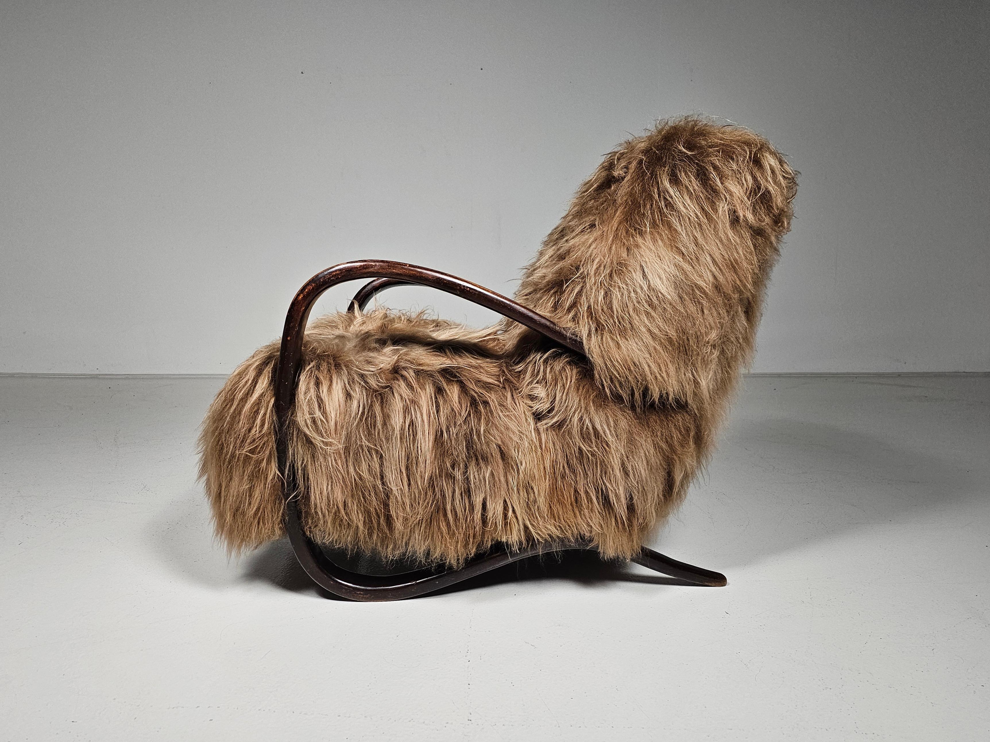 20th Century Jindrich Halabala Lounge Chairs in mixed brown Mongolian Sheepskin, 1930s