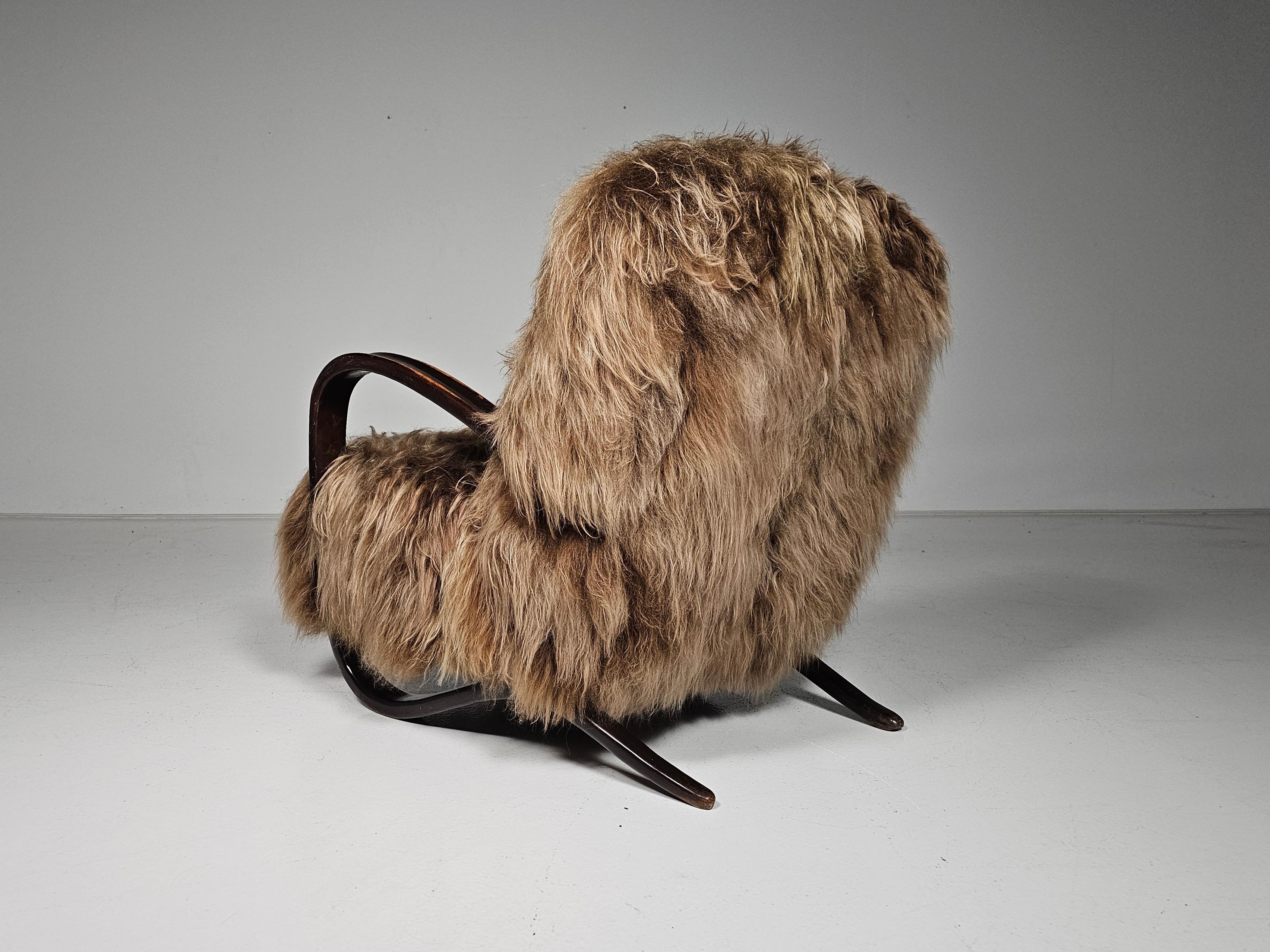 Jindrich Halabala Lounge Chairs in mixed brown Mongolian Sheepskin, 1930s 1
