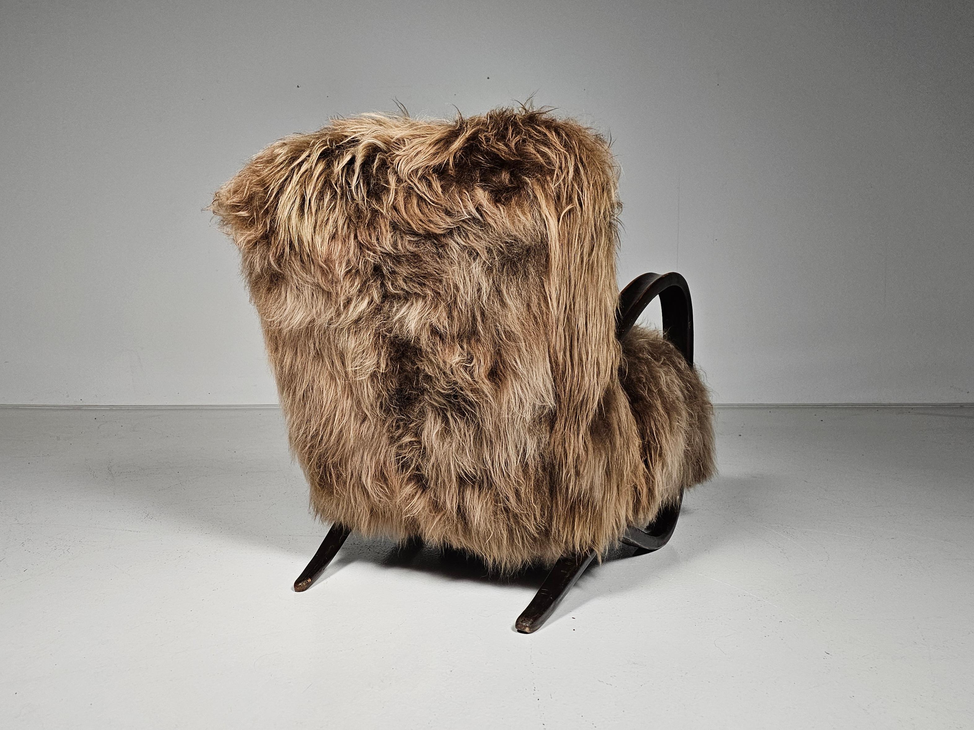 Jindrich Halabala Lounge Chairs in mixed brown Mongolian Sheepskin, 1930s 2
