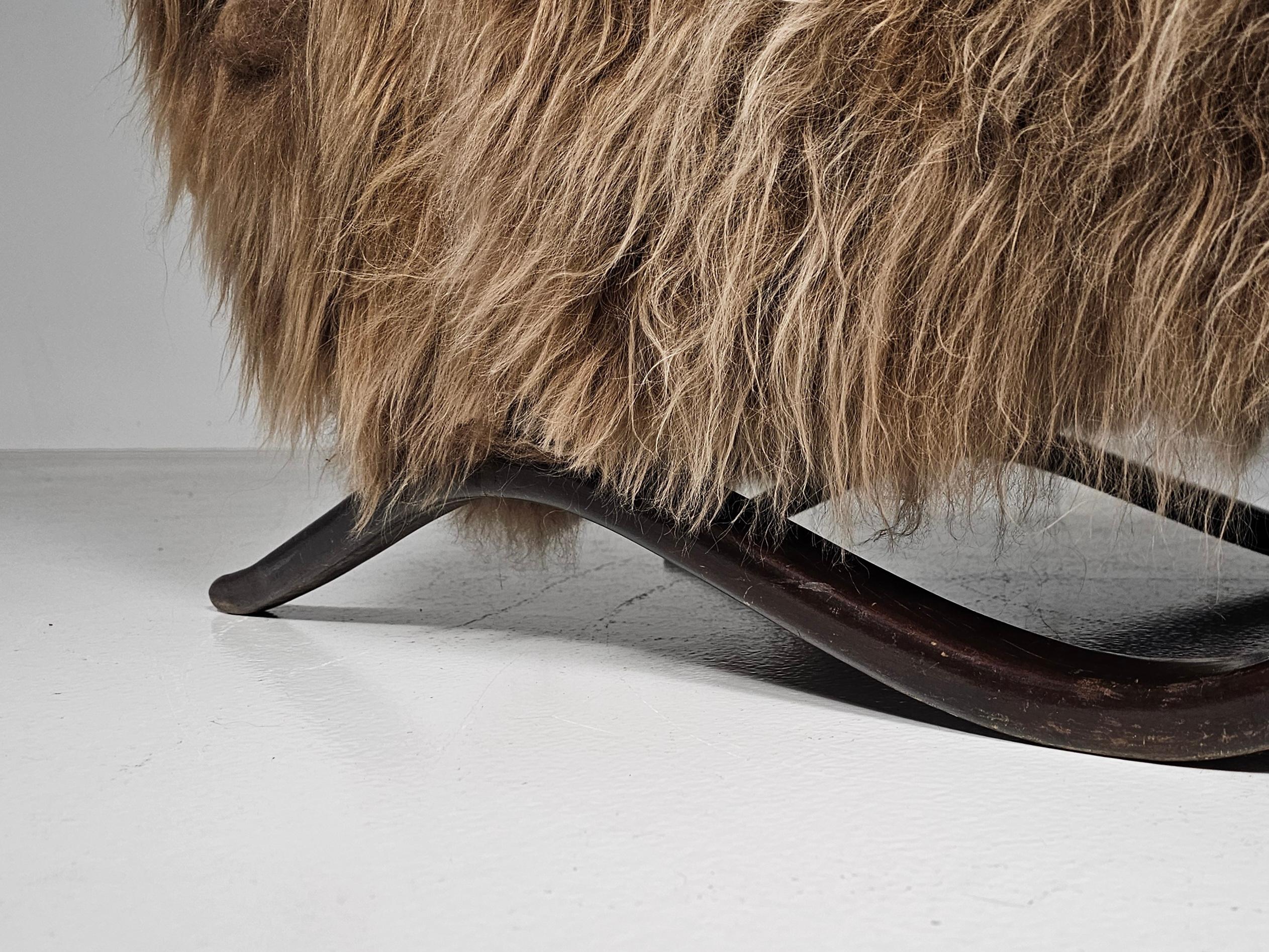 Jindrich Halabala Lounge Chairs in mixed brown Mongolian Sheepskin, 1930s 3