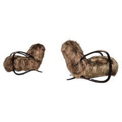 Jindrich Halabala Lounge Chairs in mixed brown Mongolian Sheepskin, 1930s