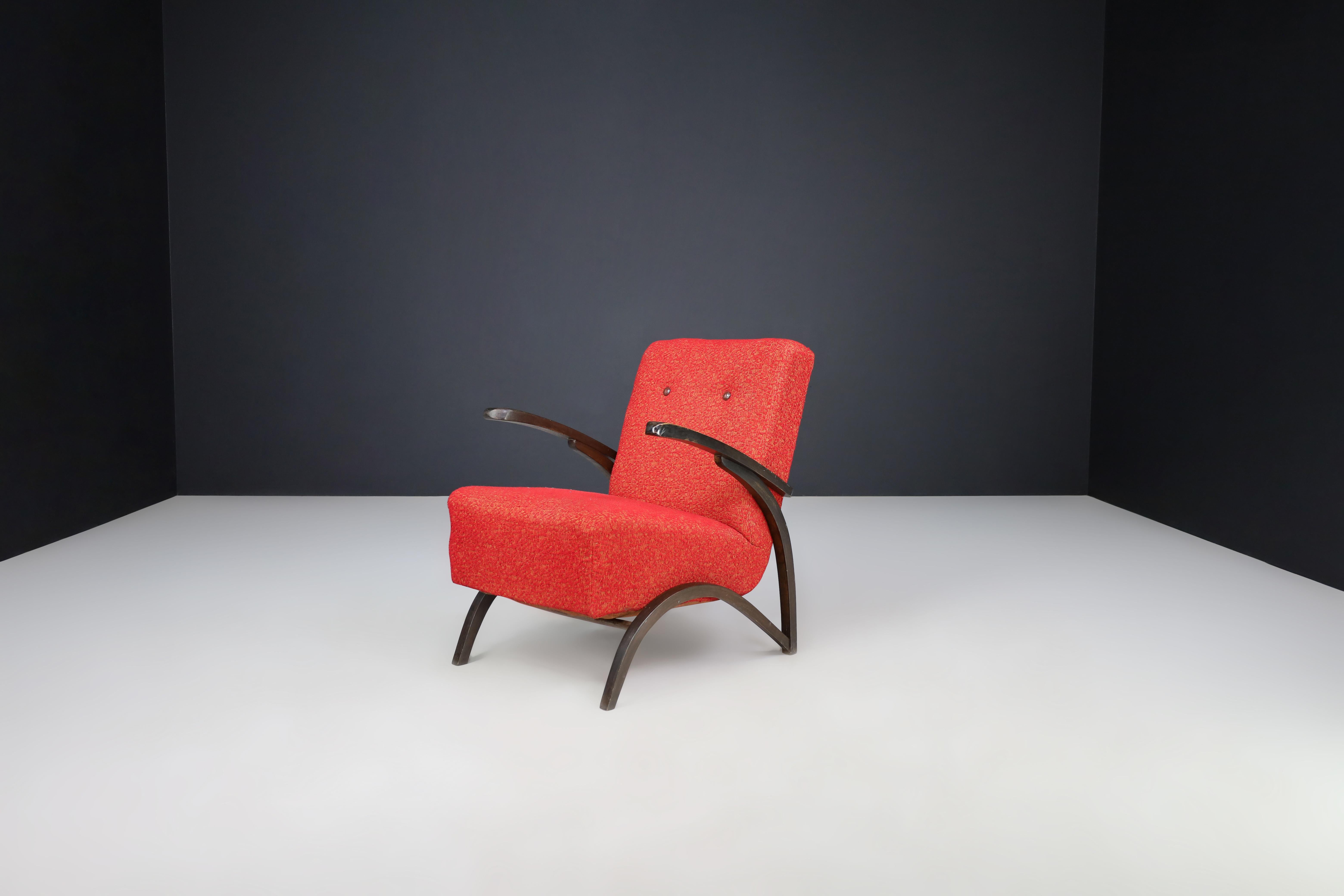 Art Deco Jindrich Halabala Lounge Chair in Original Red Upholstery Czech Republic 1930 For Sale