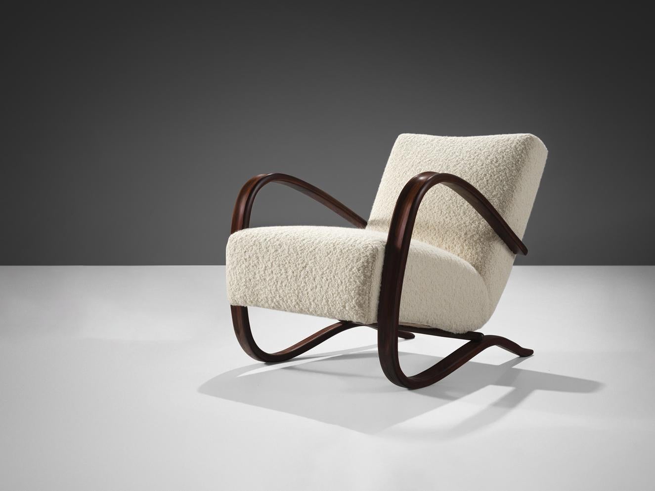 Art Deco Jindrich Halabala Lounge Chair in White Bouclé  For Sale