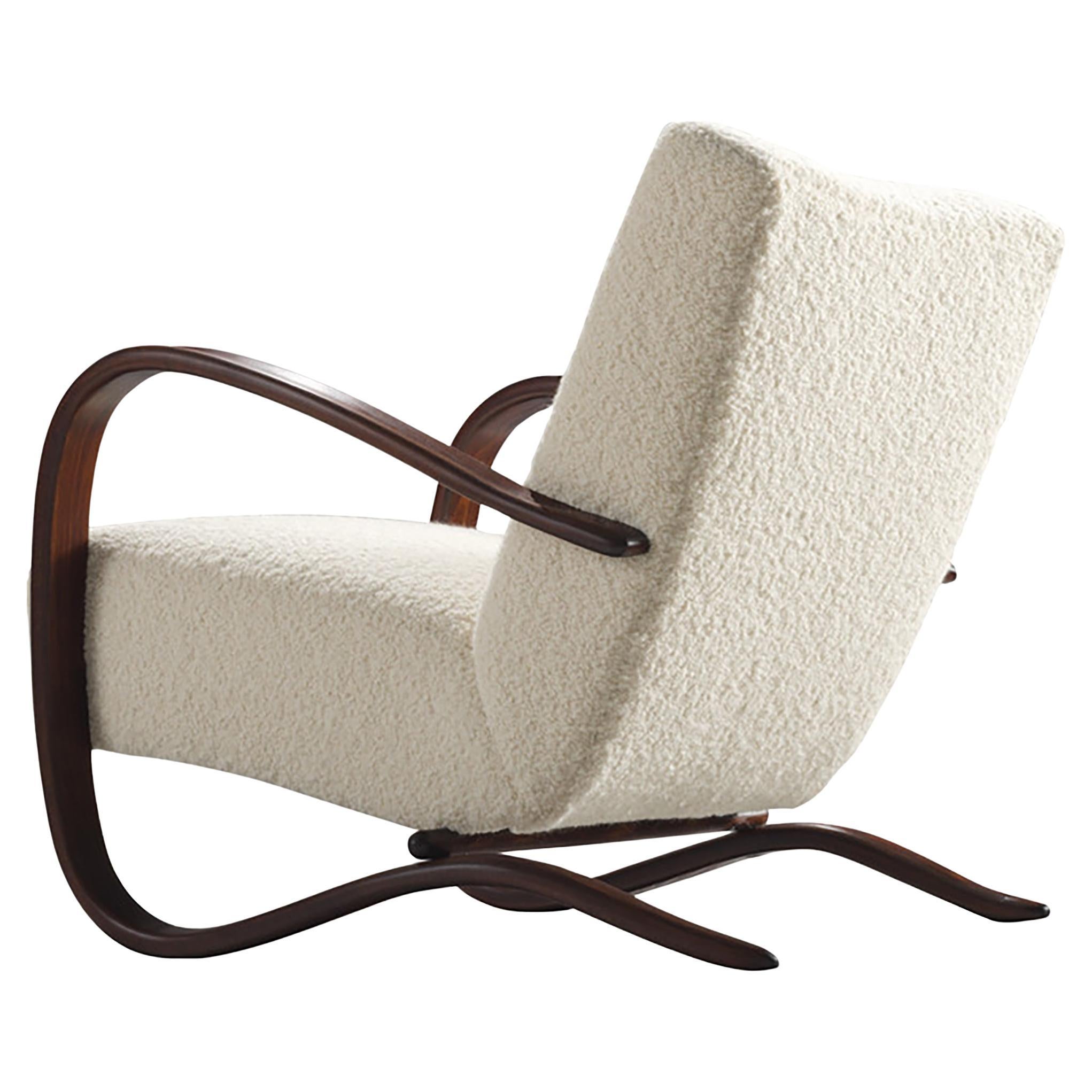 Jindrich Halabala Lounge Chair in White Bouclé  For Sale