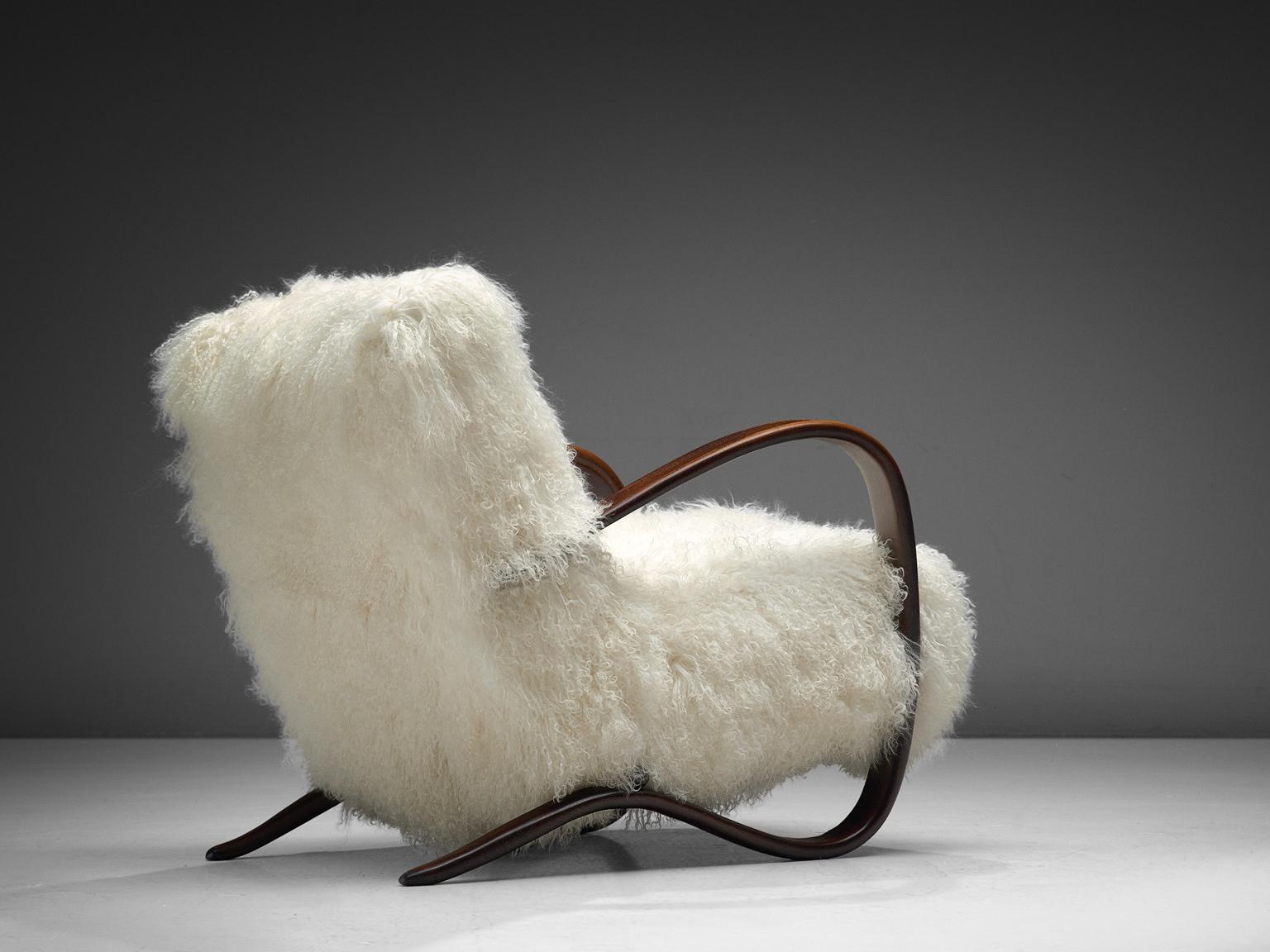 Art Deco Jindrich Halabala Lounge Chair in White Tibetan Lambswool 