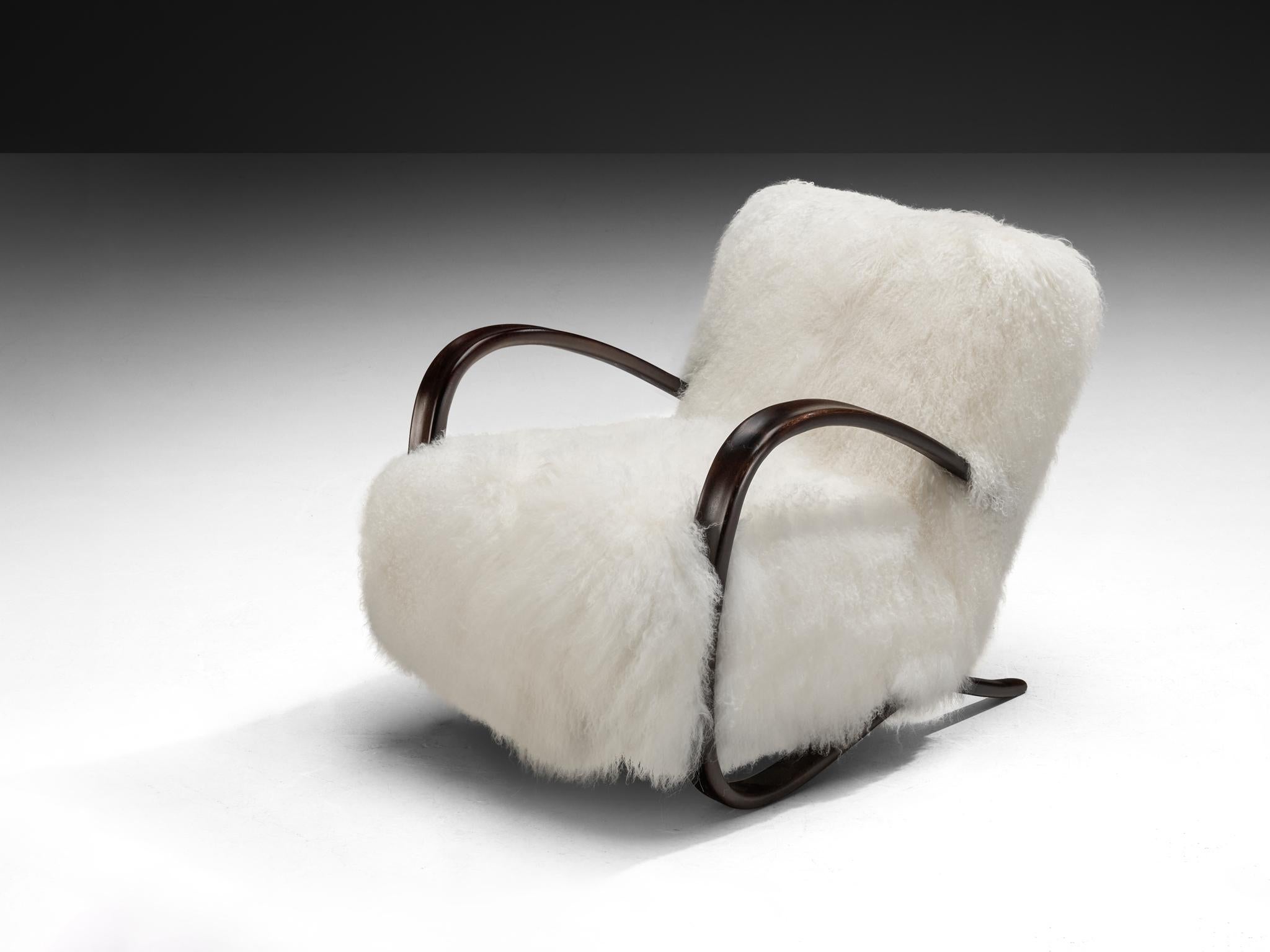 Mid-20th Century Jindrich Halabala Lounge Chair in White Tibetan Lambswool