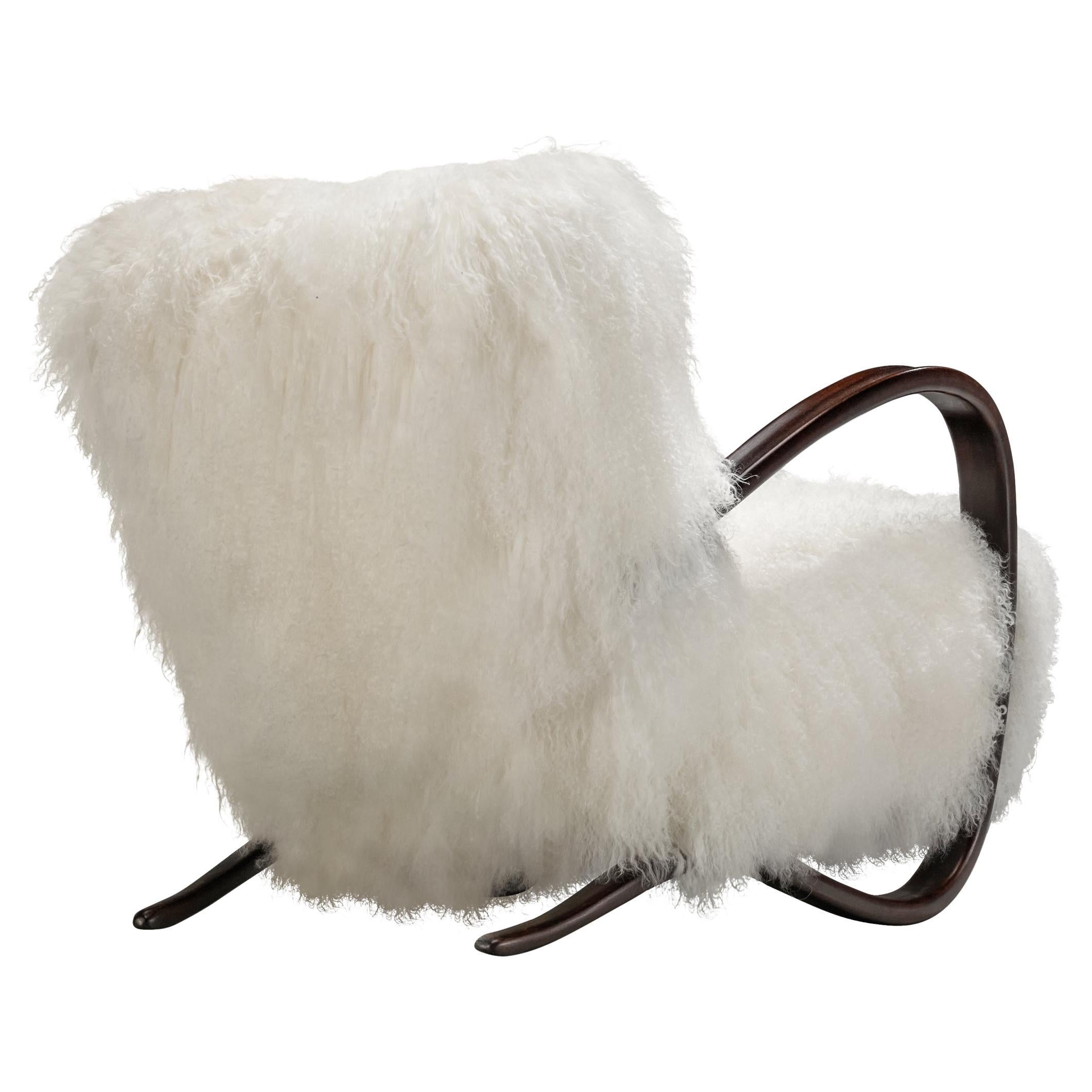 Jindrich Halabala Lounge Chair in White Tibetan Lambswool