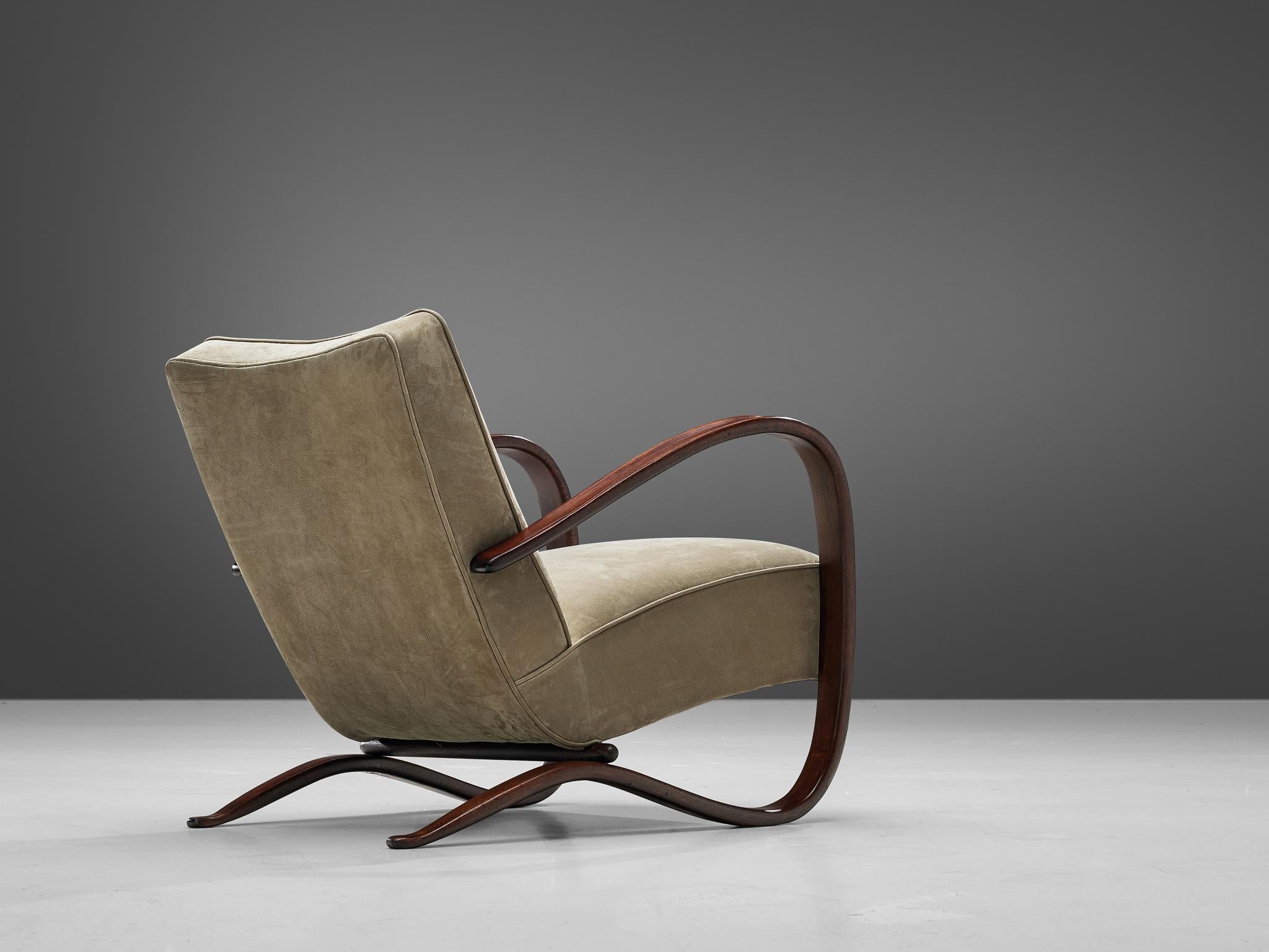 Mid-Century Modern Jindrich Halabala Lounge Chair Reupholstered in Soft Green Leather