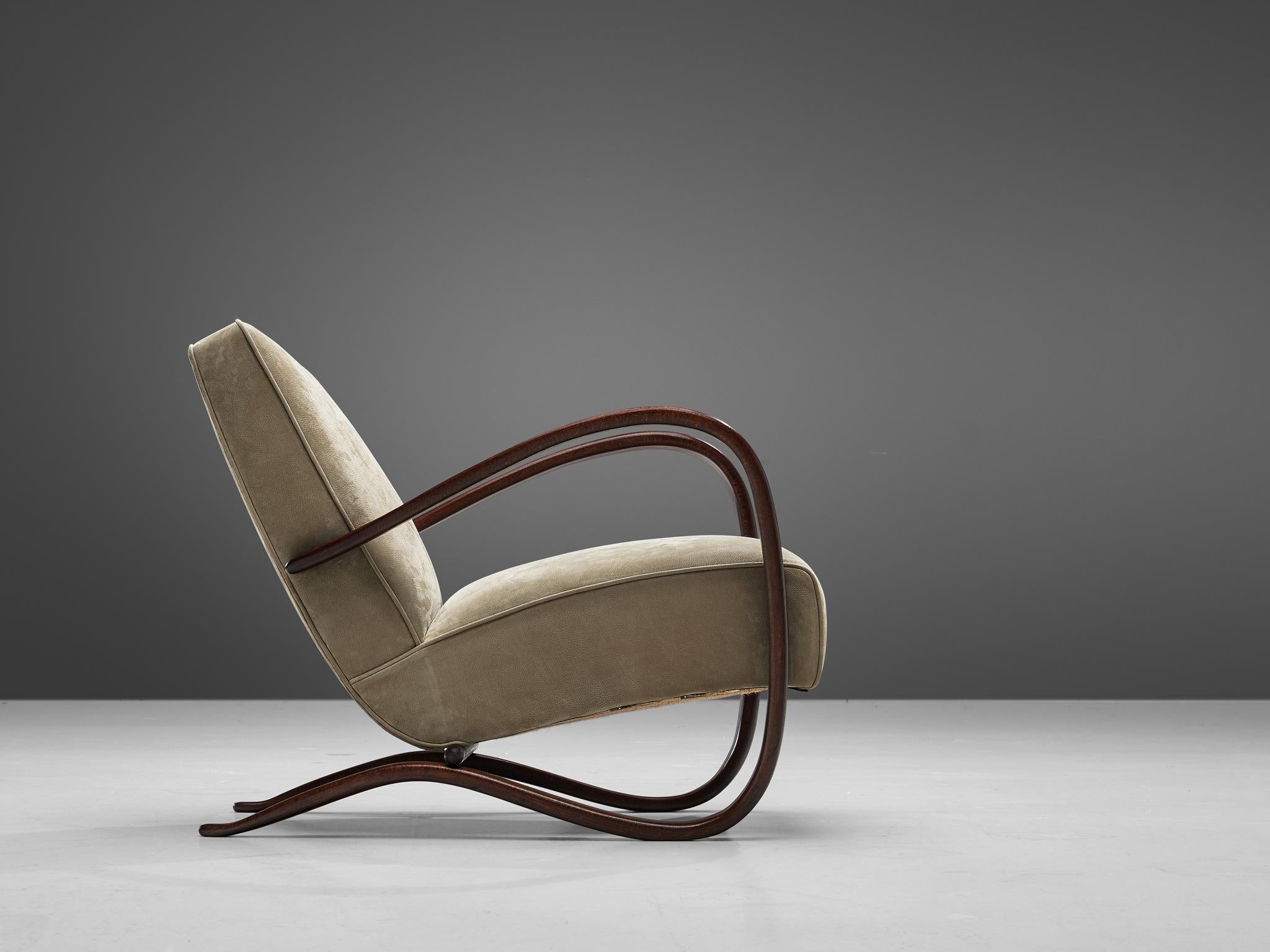 Czech Jindrich Halabala Lounge Chair Reupholstered in Soft Green Leather