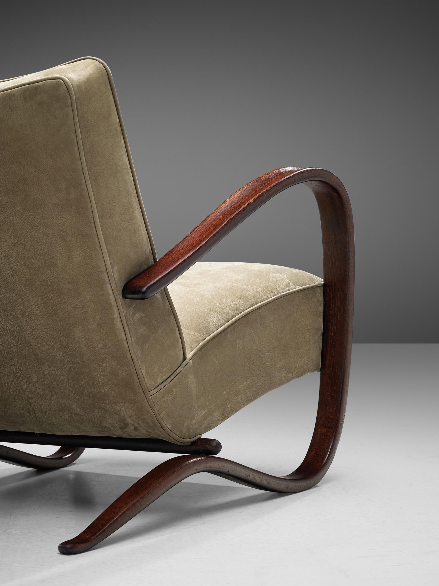 Mid-20th Century Jindrich Halabala Lounge Chair Reupholstered in Soft Green Leather