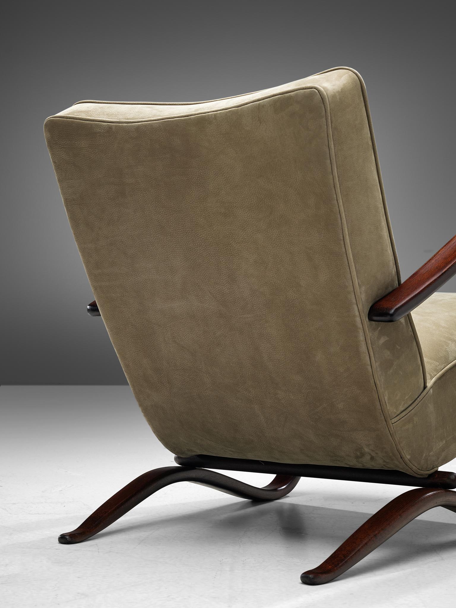 Jindrich Halabala Lounge Chair Reupholstered in Soft Green Leather 1