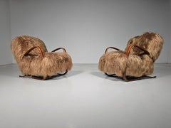 Jindrich Halabala Lounge Chairs in Beige Mongolian Sheepskin, 1930s