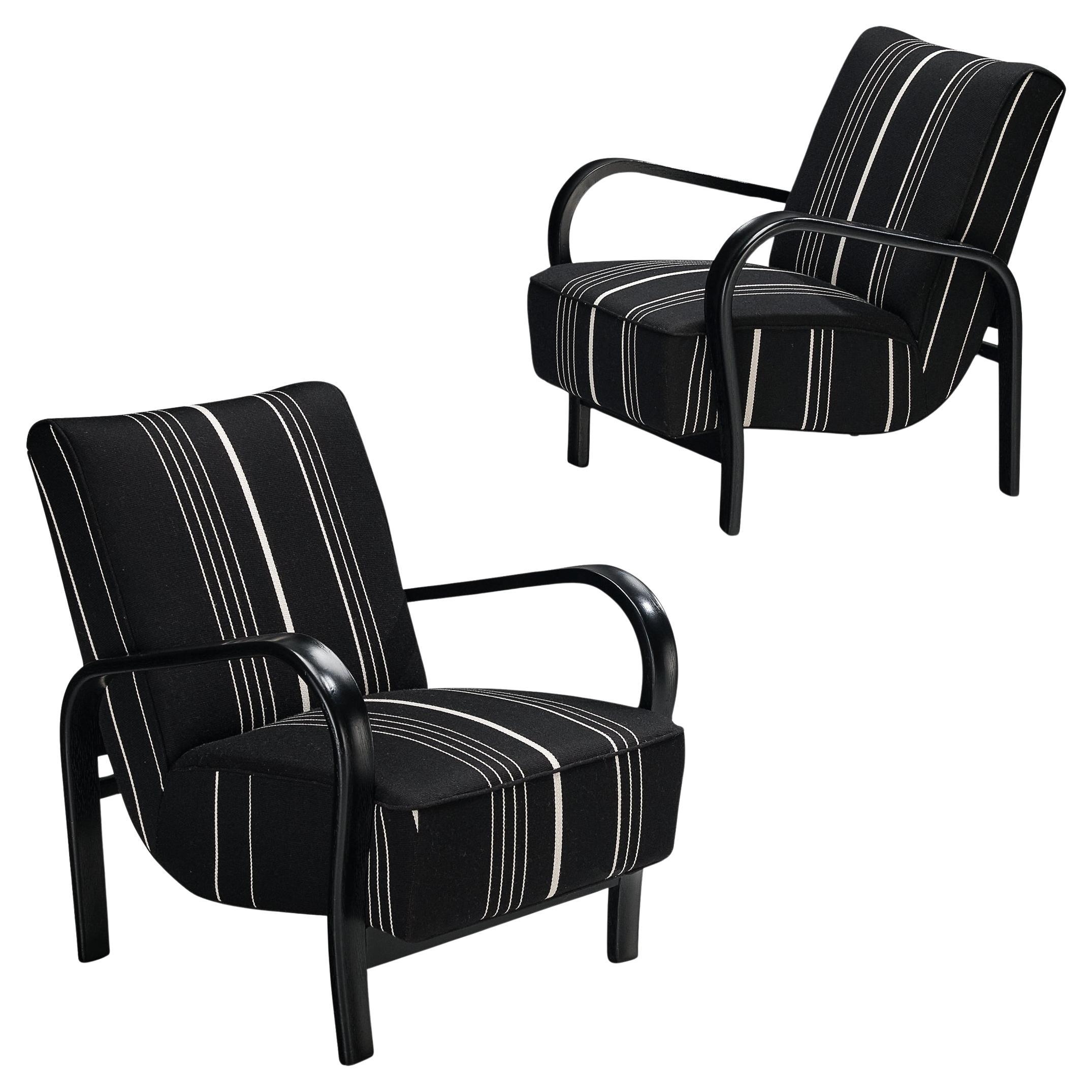 Jindrich Halabala Lounge Chairs in Black and White Striped Upholstery