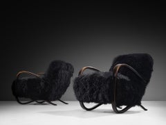 Jindrich Halabala Lounge Chairs in Black Tibetan Lambswool